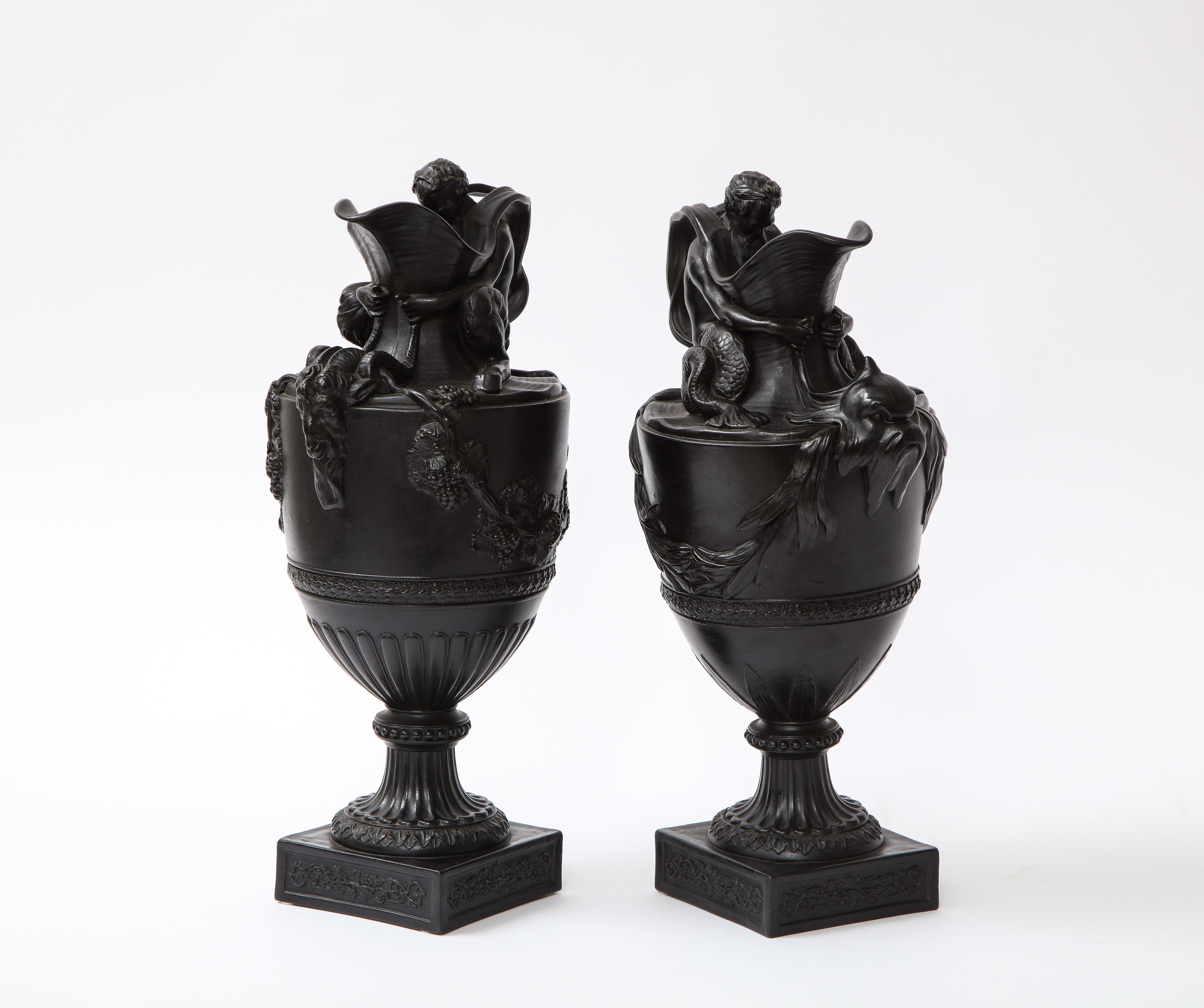 Hand-Carved Pair of Antique Wedgwood Black Basalt Ewers Emblematic of Water and Earth