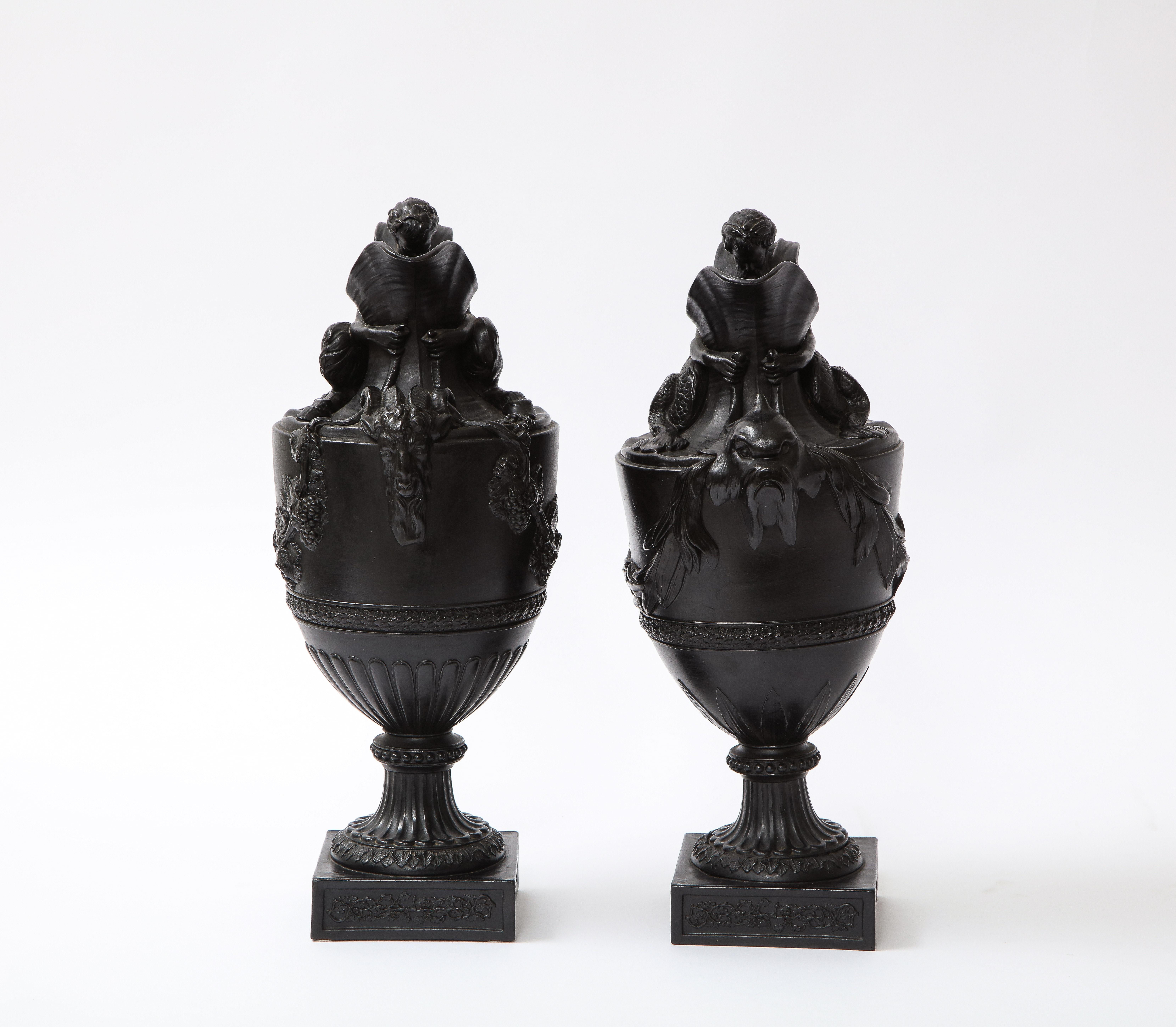 Pair of Antique Wedgwood Black Basalt Ewers Emblematic of Water and Earth In Good Condition In New York, NY