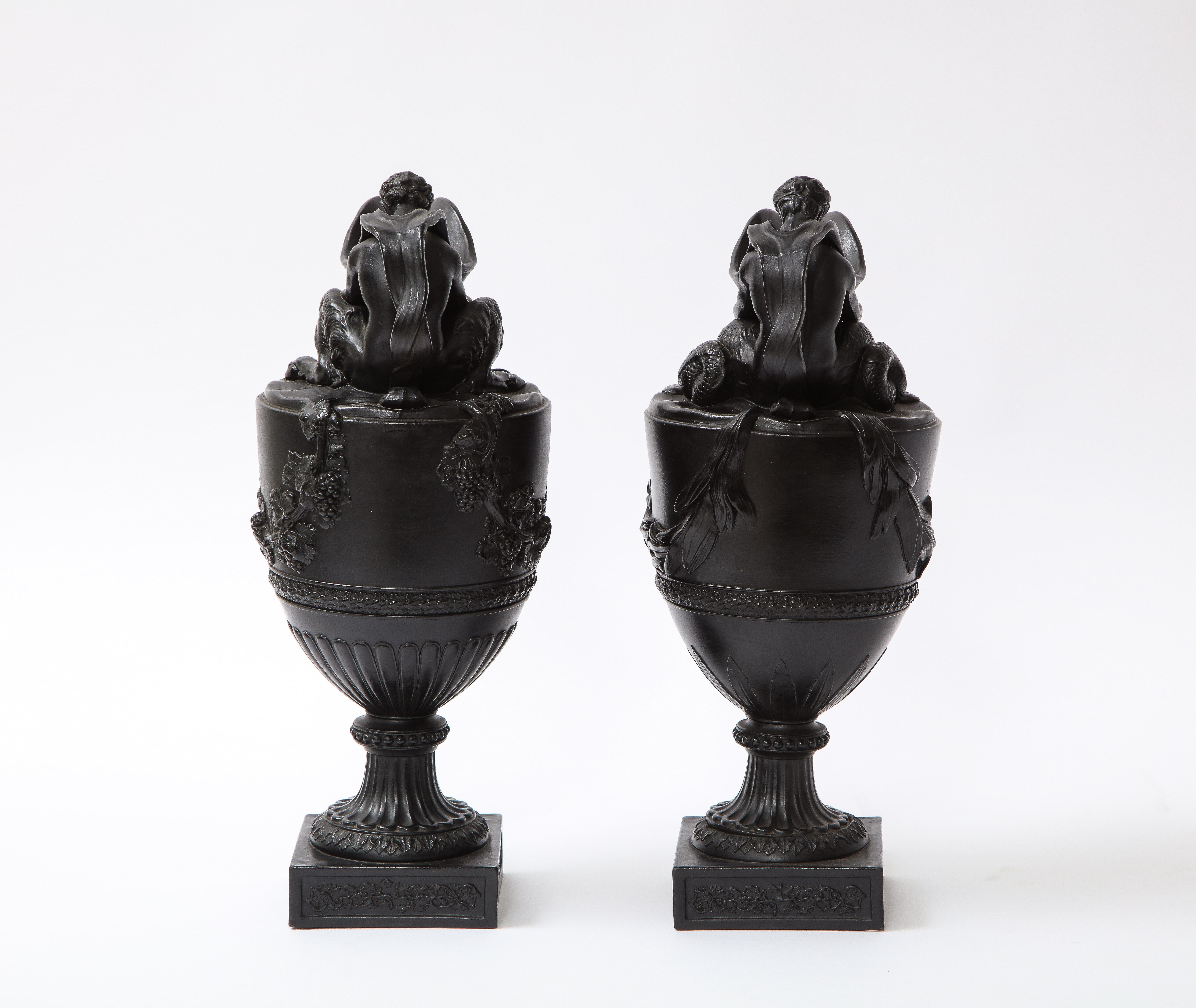 Mid-19th Century Pair of Antique Wedgwood Black Basalt Ewers Emblematic of Water and Earth