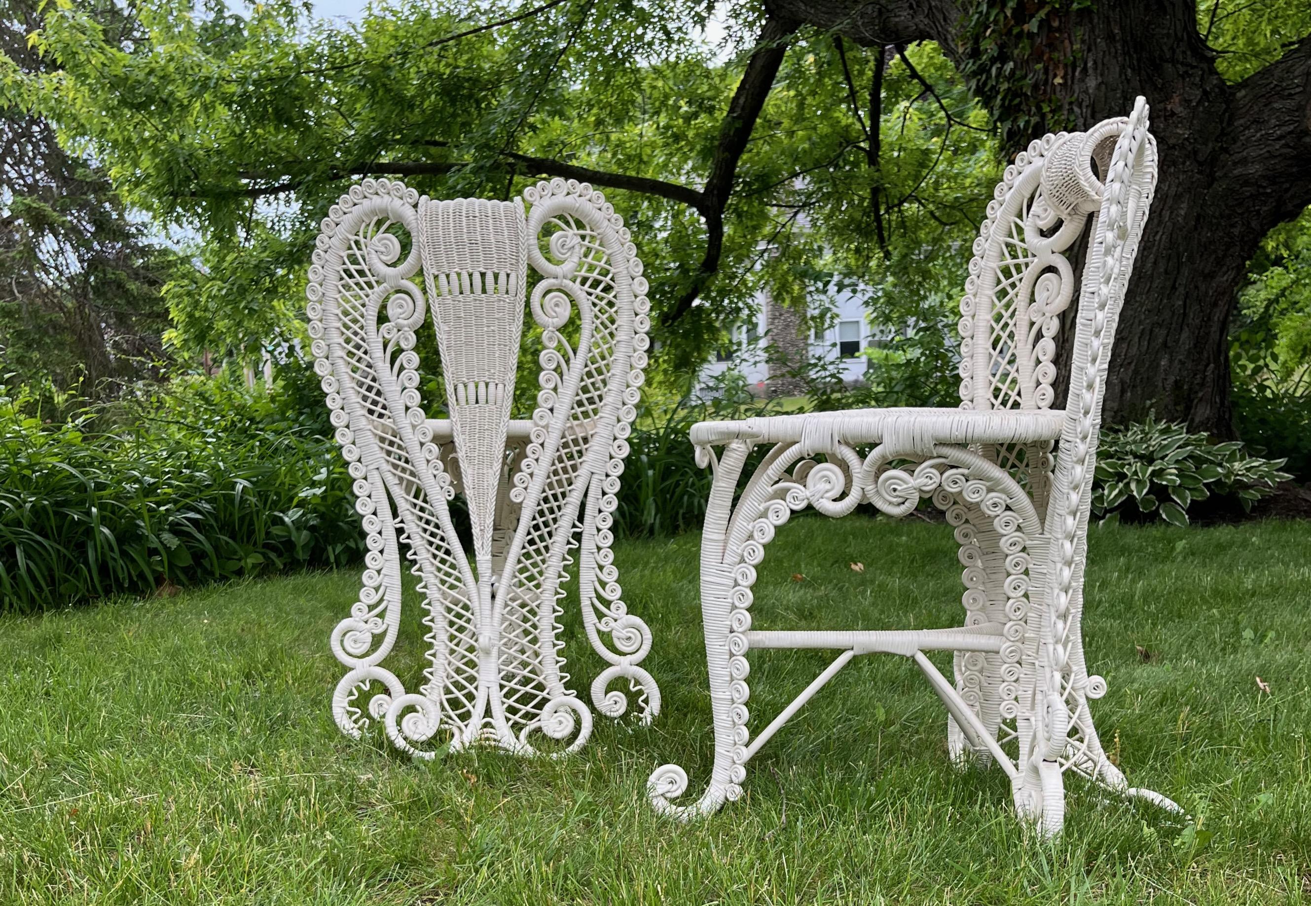 Victorian Pair of Antique White Wicker Posing / Foyer / Reception Chairs