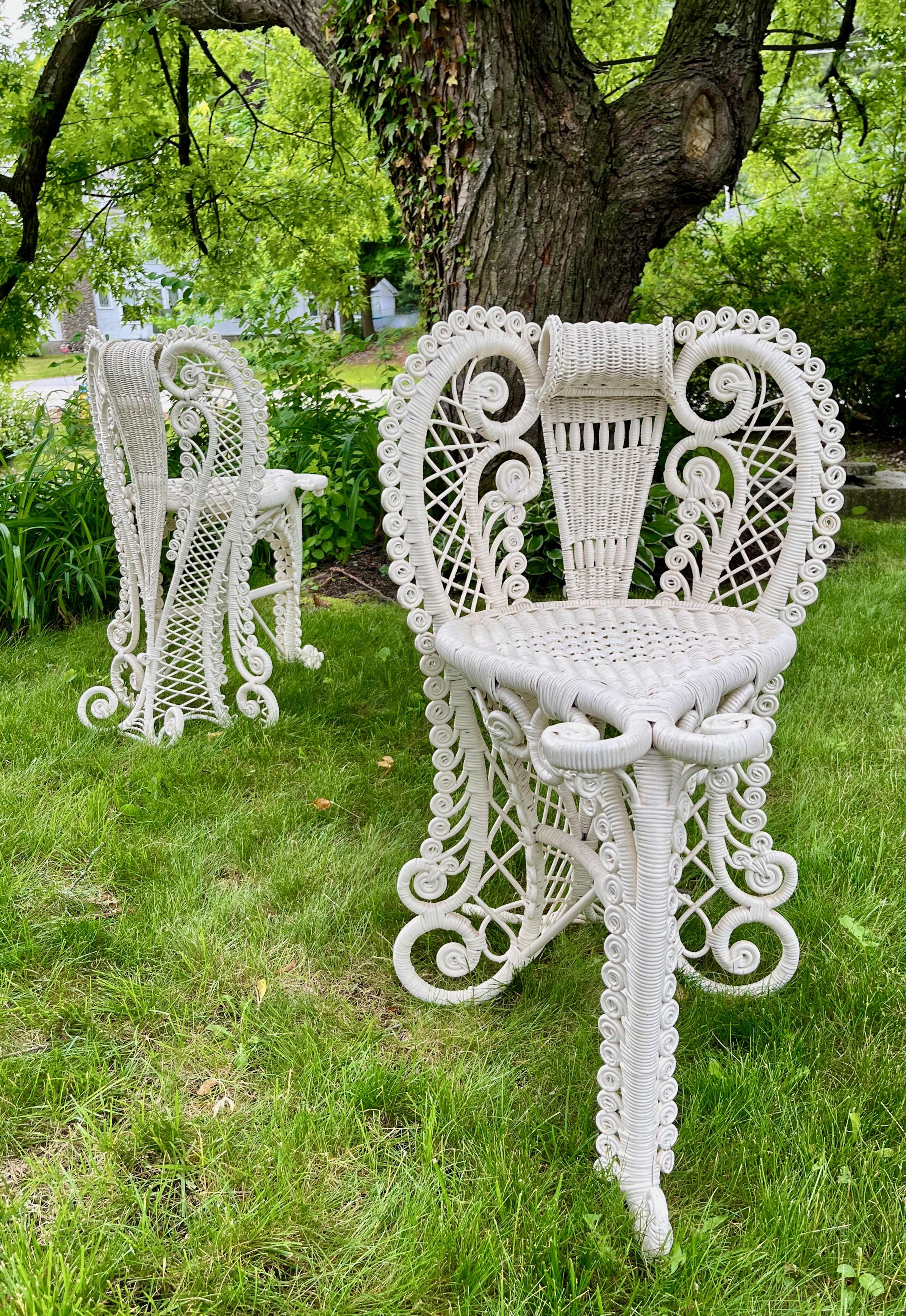 Painted Pair of Antique White Wicker Posing / Foyer / Reception Chairs For Sale