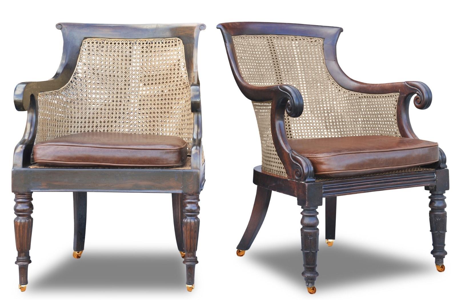 A Pair of Antique William IV Hardwood Cane Bergere and Leather Library