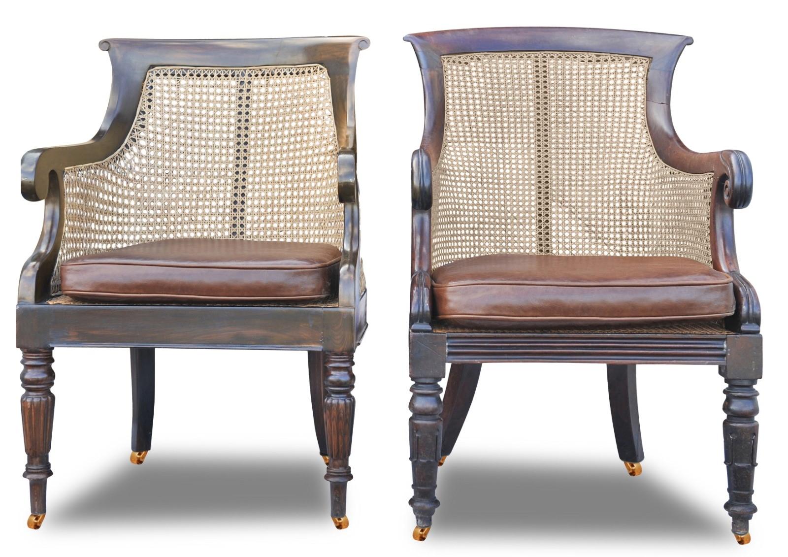 British A Pair of Antique William IV Hardwood Cane Bergere & Leather Library Armchairs  For Sale