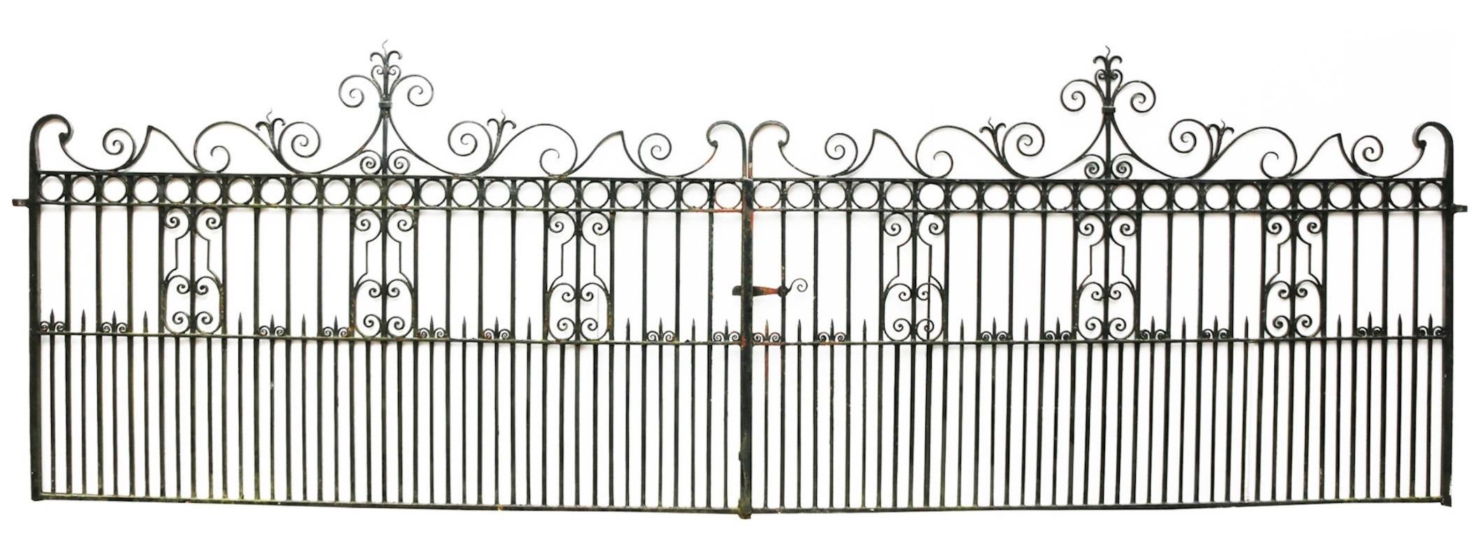 A pair of good quality Blacksmith made wrought iron gates of unusually large width. Reclaimed form a stud farm in Somerset, these are ideal for driveways requiring access for large vehicles.

Additional dimensions

Width excluding hinges 532
