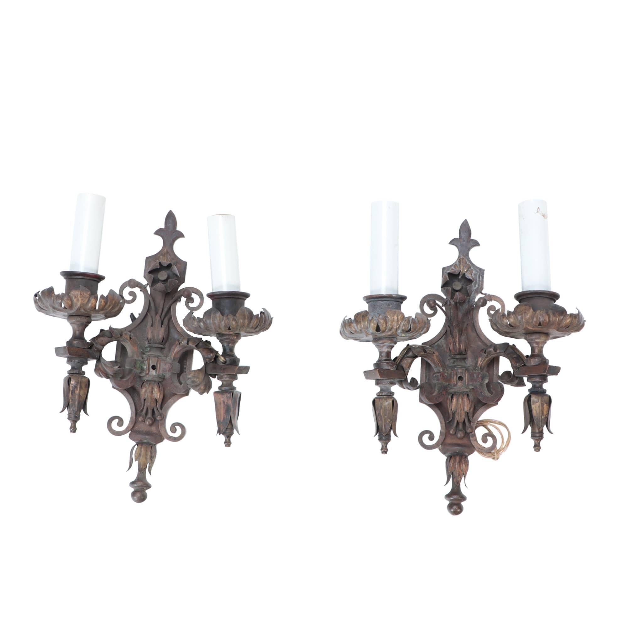Pair of Antique Wrought Iron Floral Sconces, circa 1920 For Sale