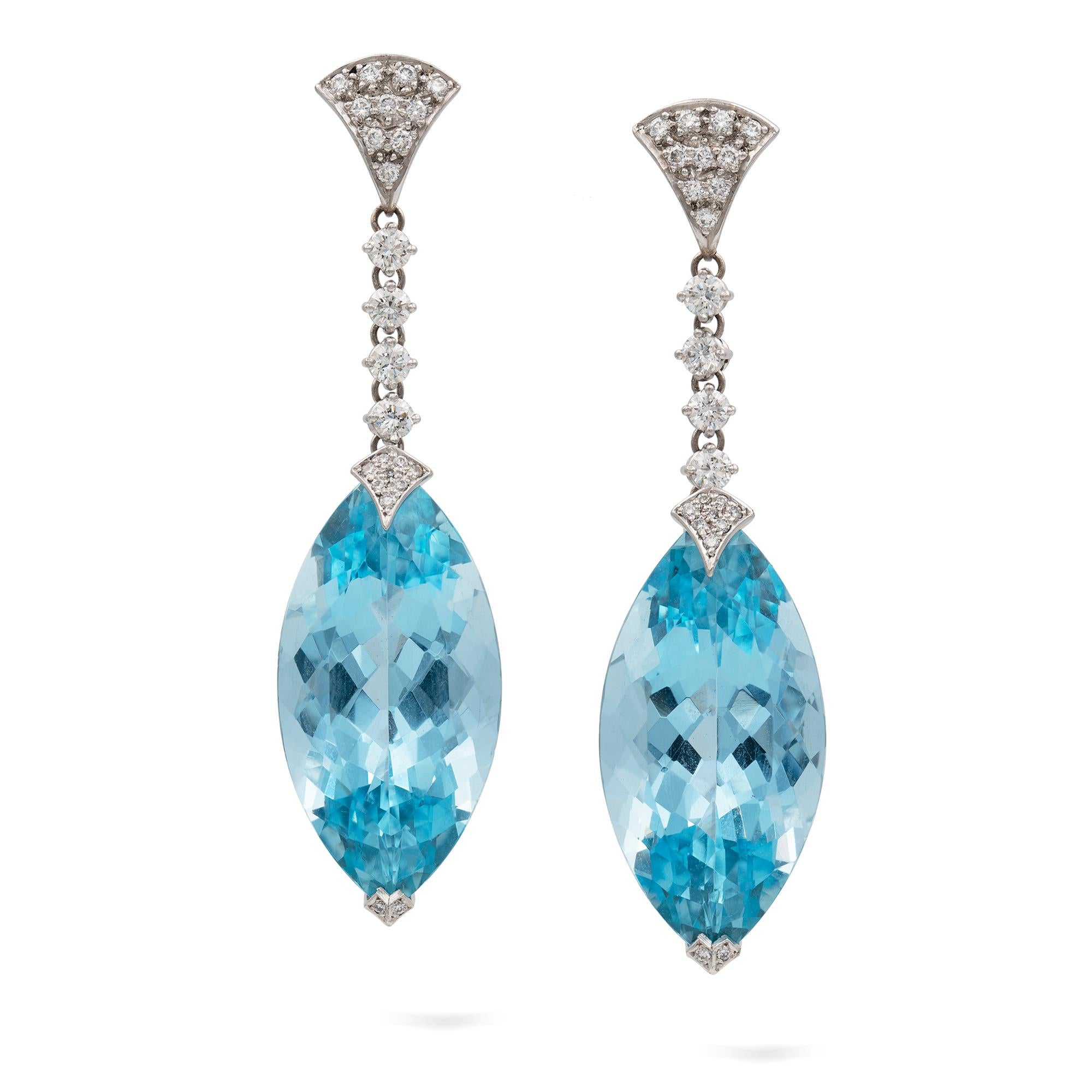 Modern A Pair of Aquamarine and Diamond Drop Earrings