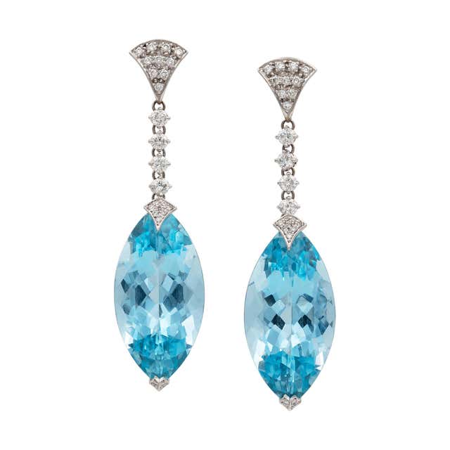 Gold Diamond Aquamarine Drop Earrings For Sale at 1stDibs