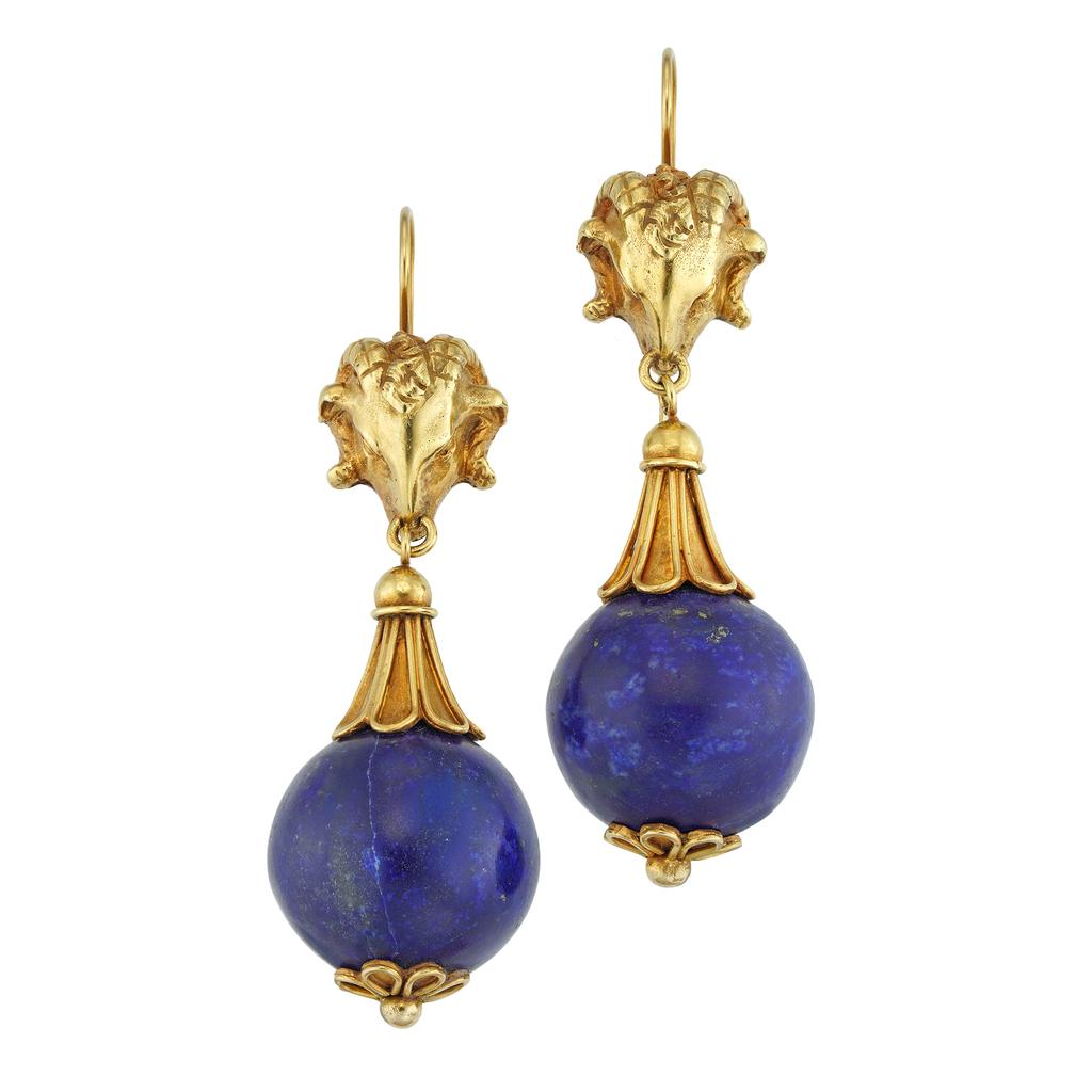 Victorian A Pair Of Archaeological Revival Lapis And Gold Earrings For Sale