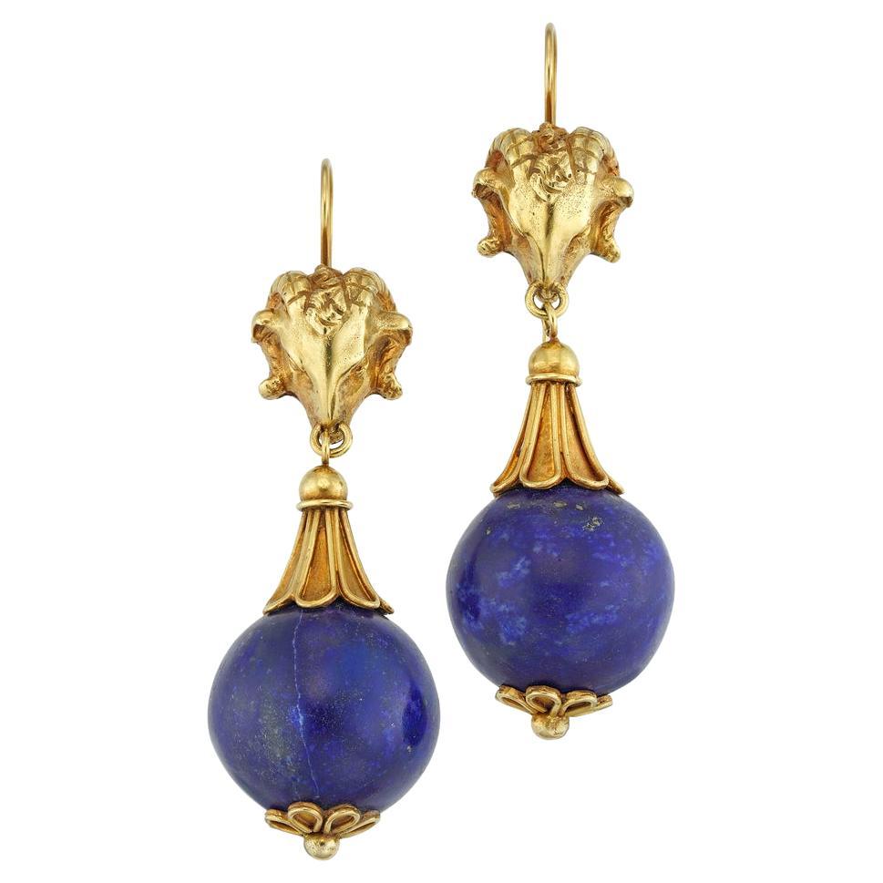 A Pair Of Archaeological Revival Lapis And Gold Earrings For Sale