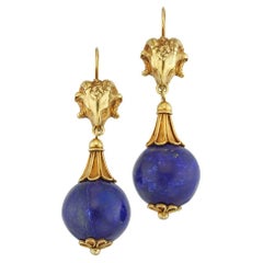 Antique A Pair Of Archaeological Revival Lapis And Gold Earrings
