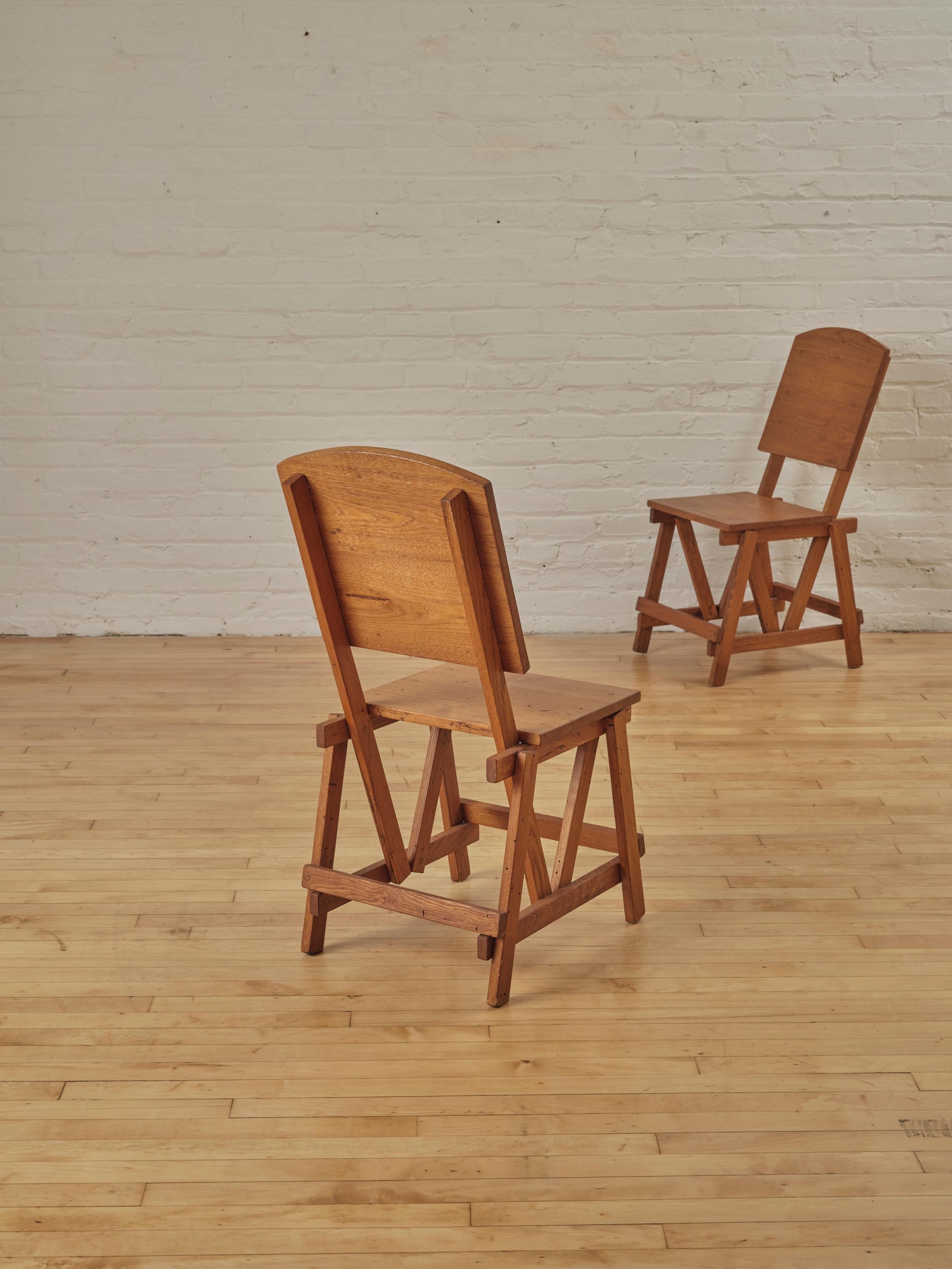 A Pair of Architectural Constructivist Oak Accent Chairs In Good Condition For Sale In Long Island City, NY
