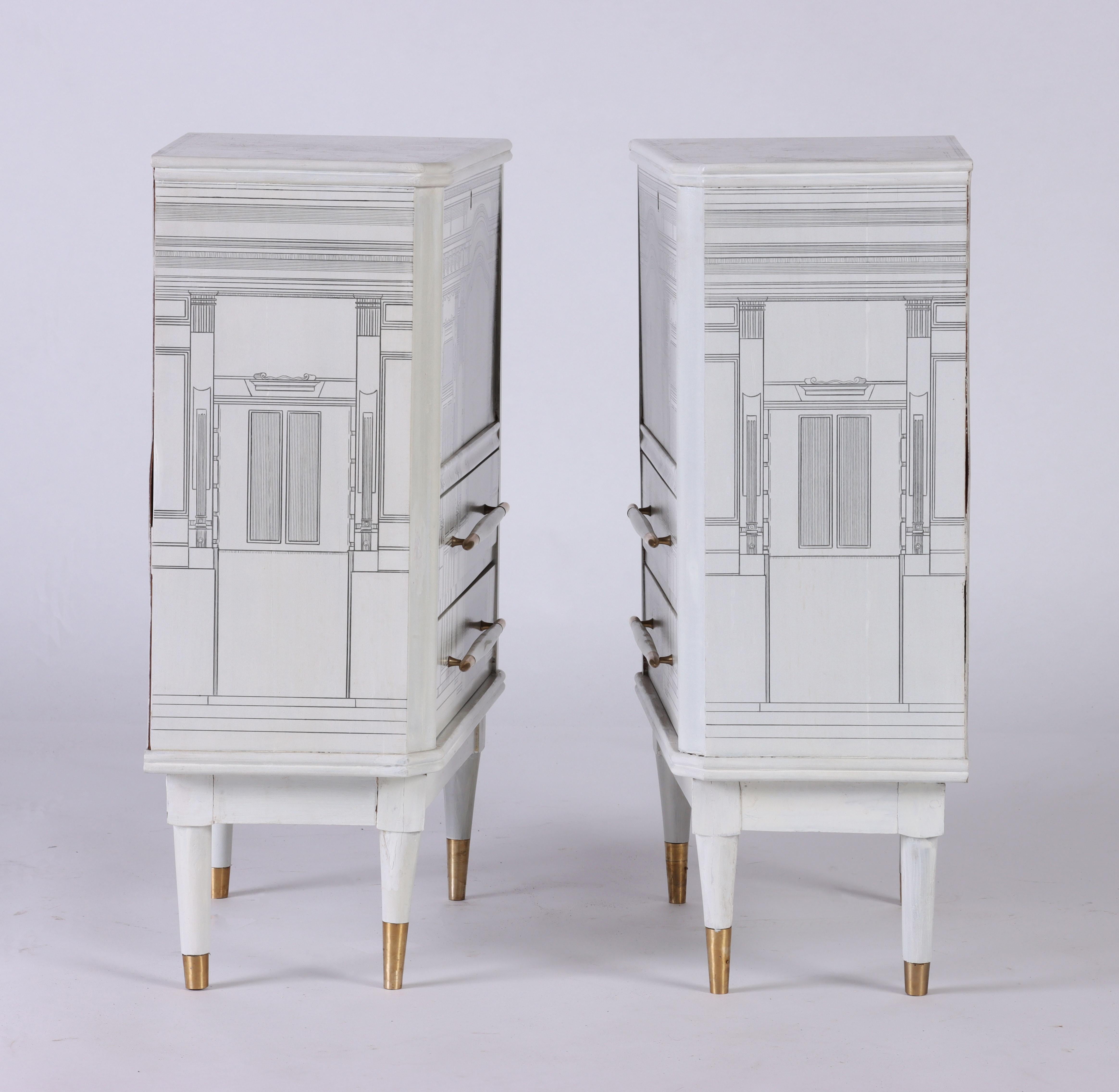Mid-Century Modern Pair of Architectural Small Cabinets in the Manner of Fornasetti, circa 1960