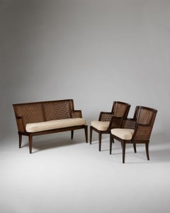 Paire de fauteuils et canapé anoynmous pour Paul Boman, Finlande, années 1930, rotin