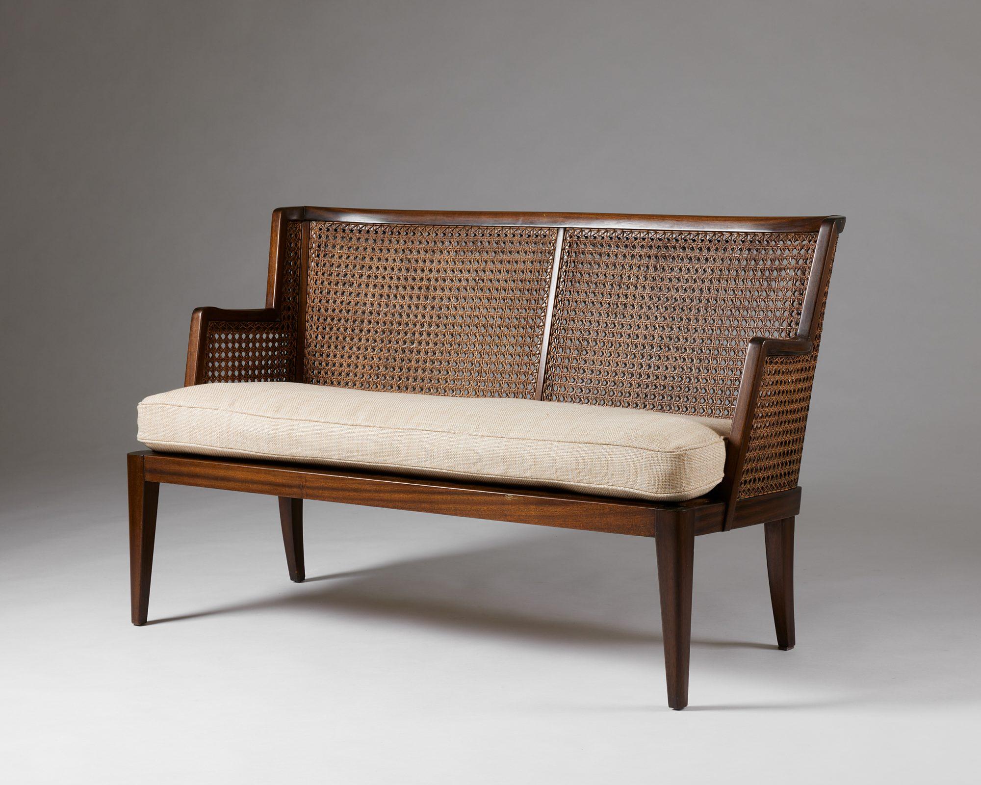 Mid-Century Modern A pair of armchairs and sofa, anoynmous for Paul Boman, Finland, 1930s, rattan For Sale