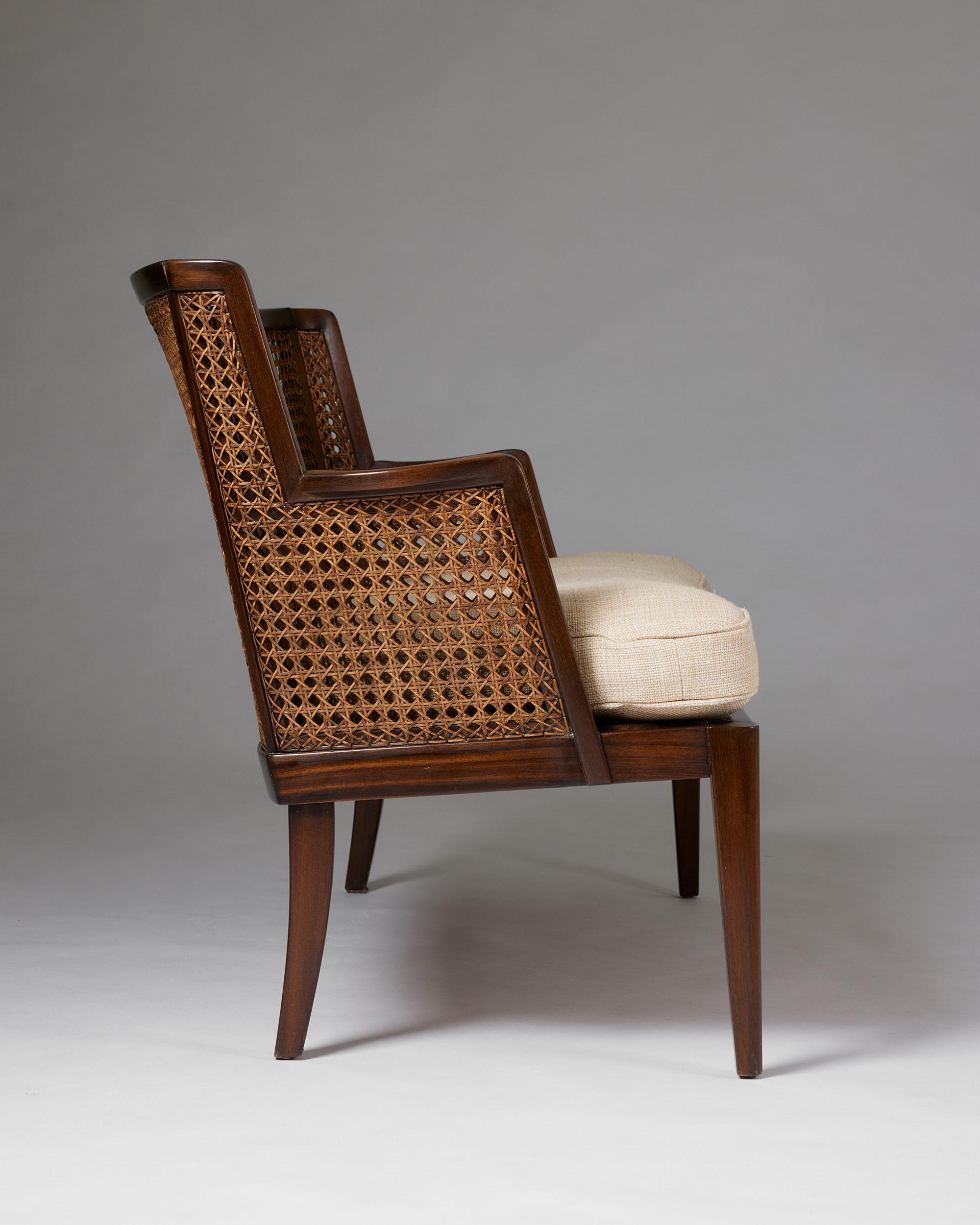 Upholstery A pair of armchairs and sofa, anoynmous for Paul Boman, Finland, 1930s, rattan For Sale