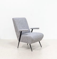 Pair of Armchairs in Grey Wool and Black Lacquered Metal Legs, Italy 50s