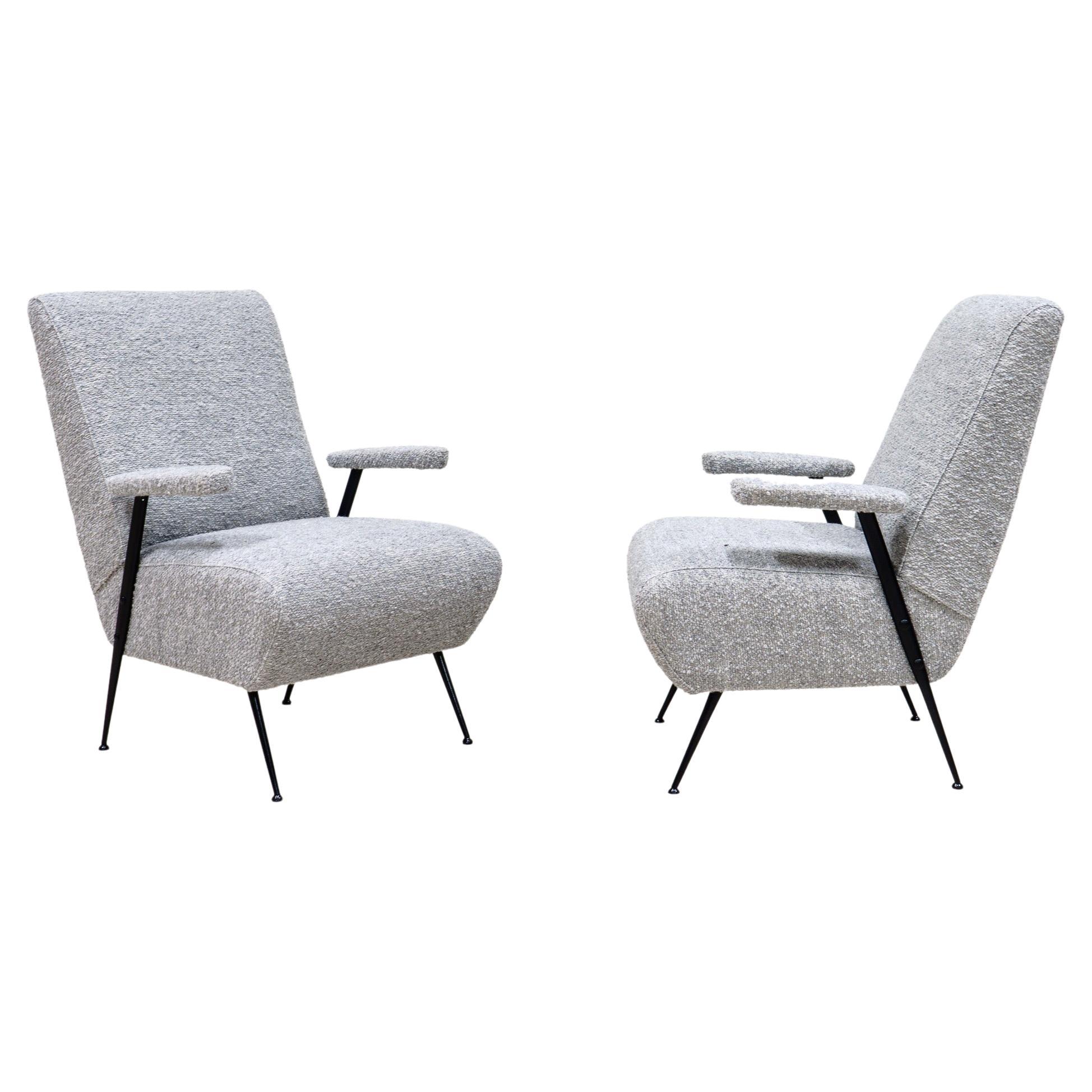 Pair of Armchairs in Grey Wool and Black Lacquered Metal Legs, Italy 50s For Sale
