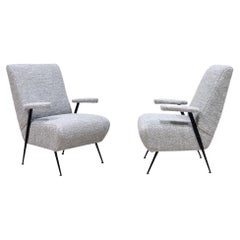 Retro Pair of Armchairs in Grey Wool and Black Lacquered Metal Legs, Italy 50s