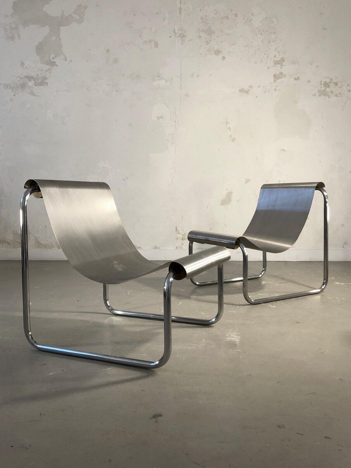 Minimalist Pair of Armchairs in Stainless Steel by Patrick Gingembre, France, 1970