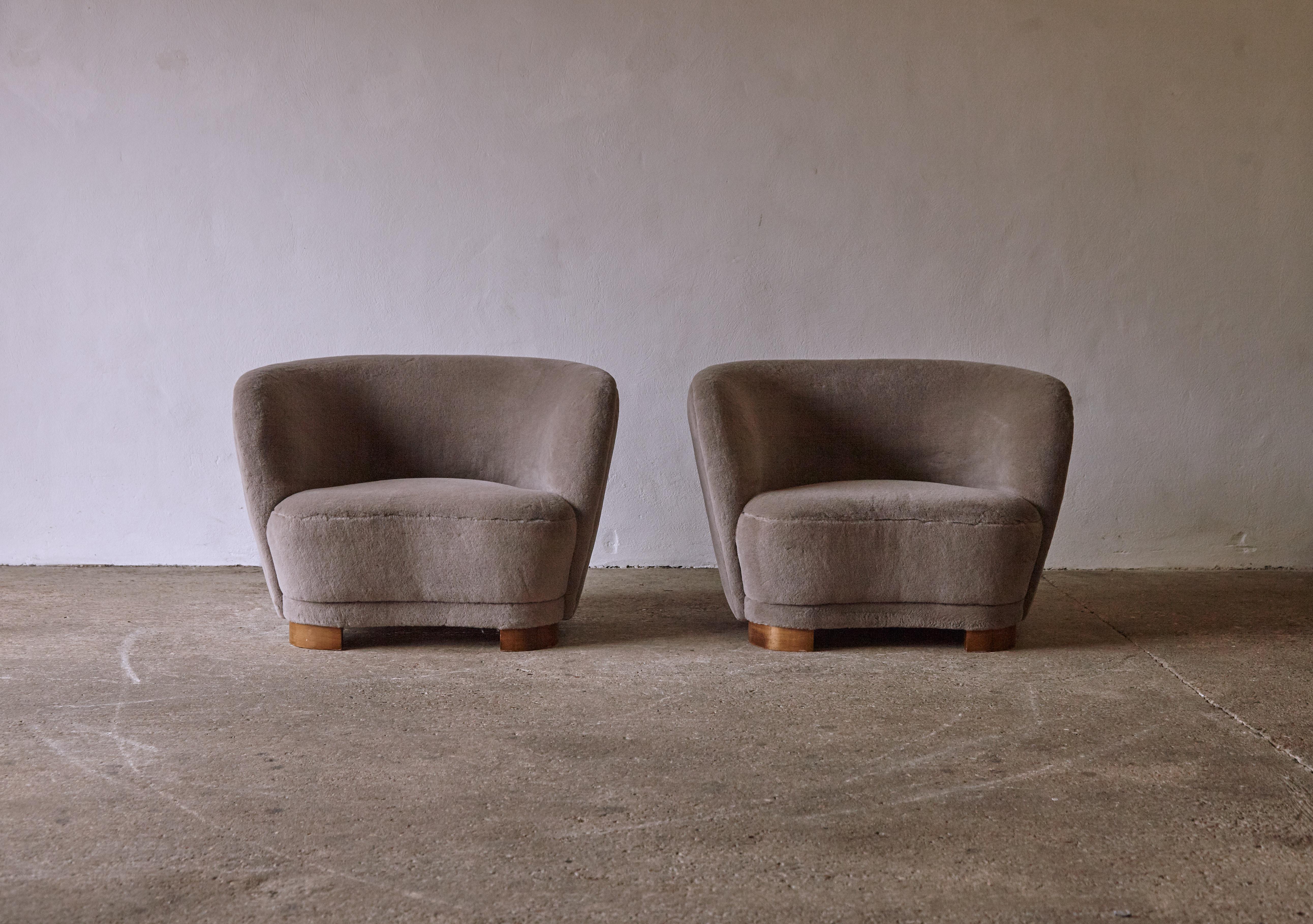 Danish Pair of Armchairs in the Style of Flemming Lassen, Newly Upholstered in Alpaca