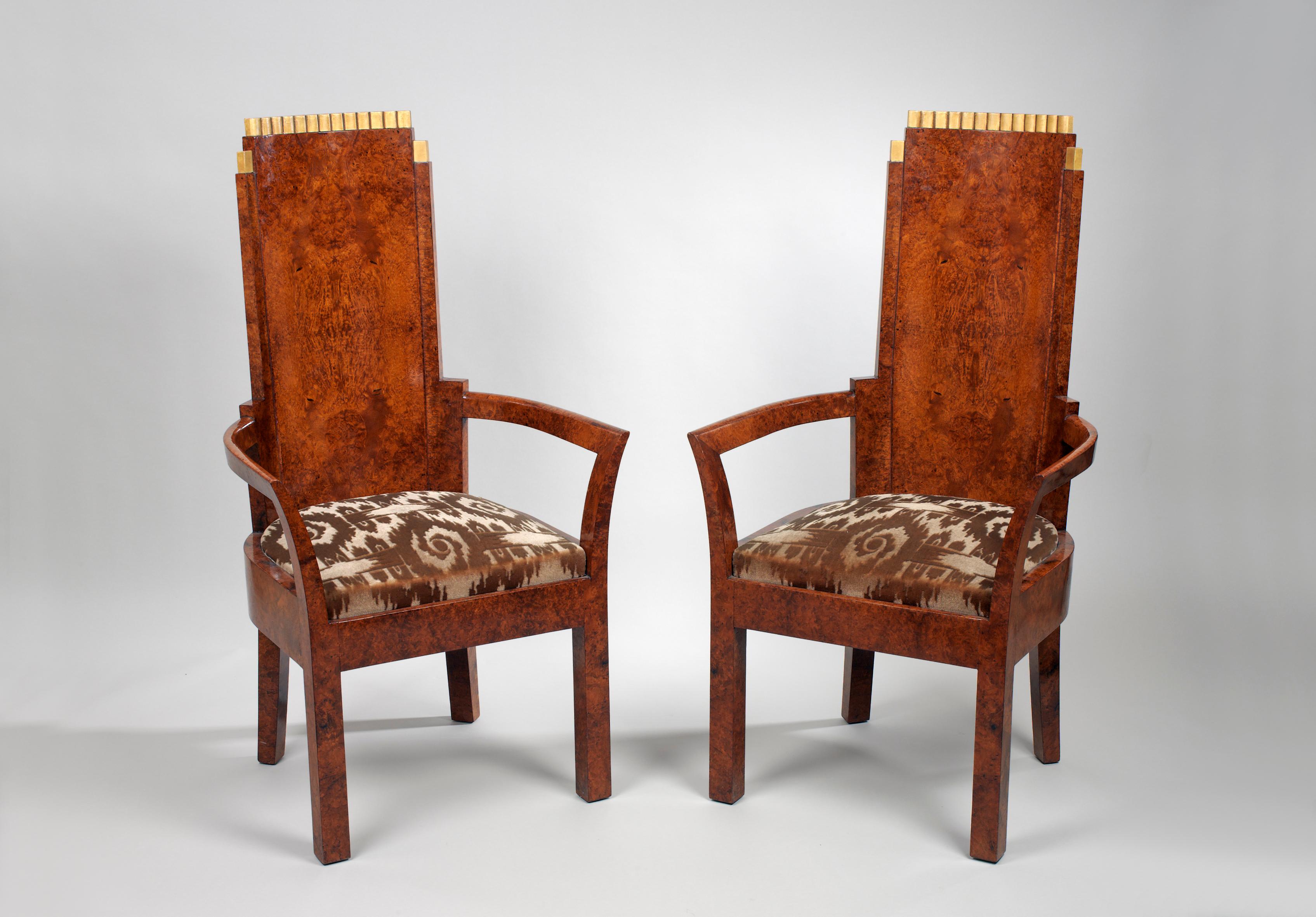 Austrian Pair of Art Deco Amboyna and Gilt Armchairs Attributed to Josef Hoffmann For Sale