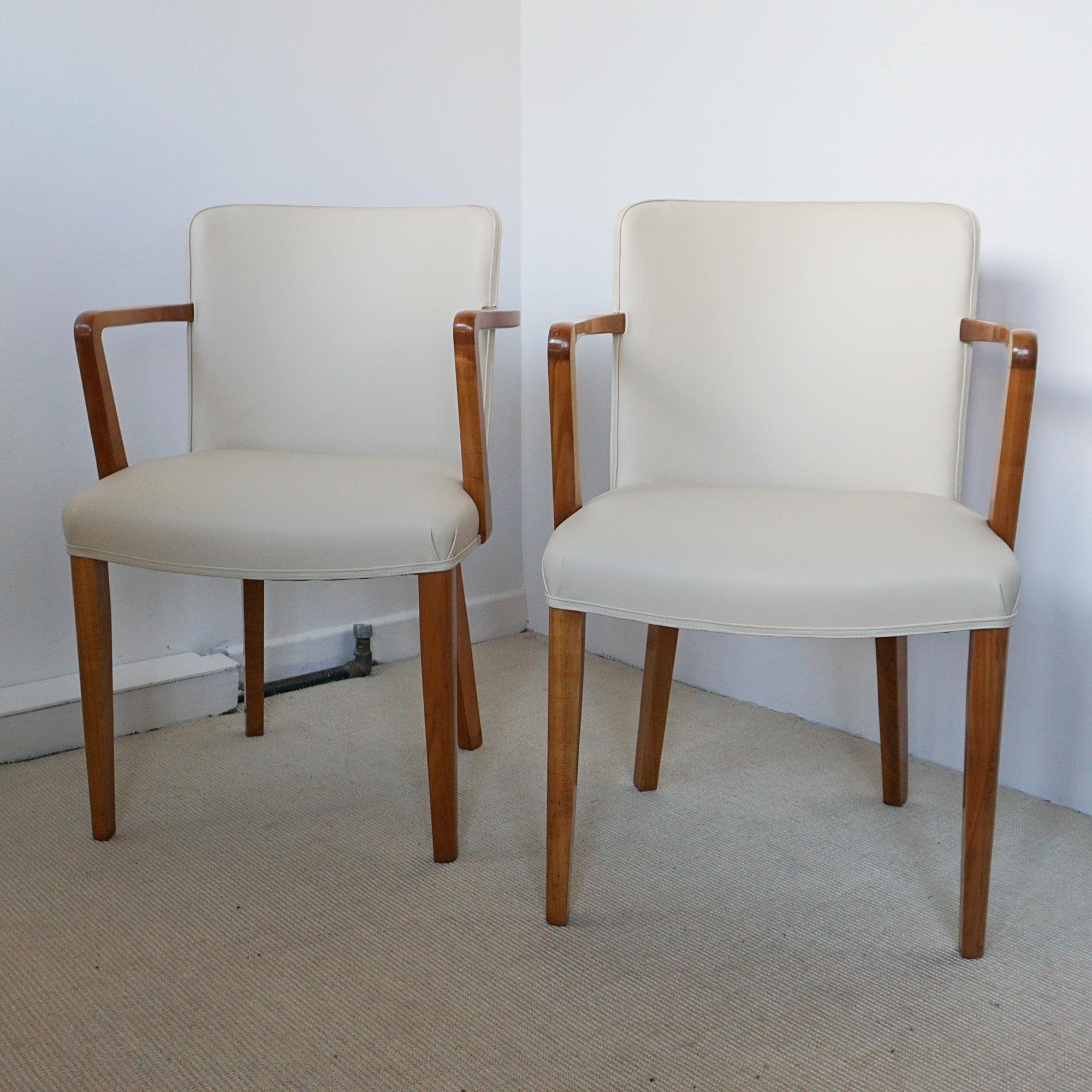 English A Pair of Art Deco Armchairs by Heal's of London Satinwood and Cream Leather
