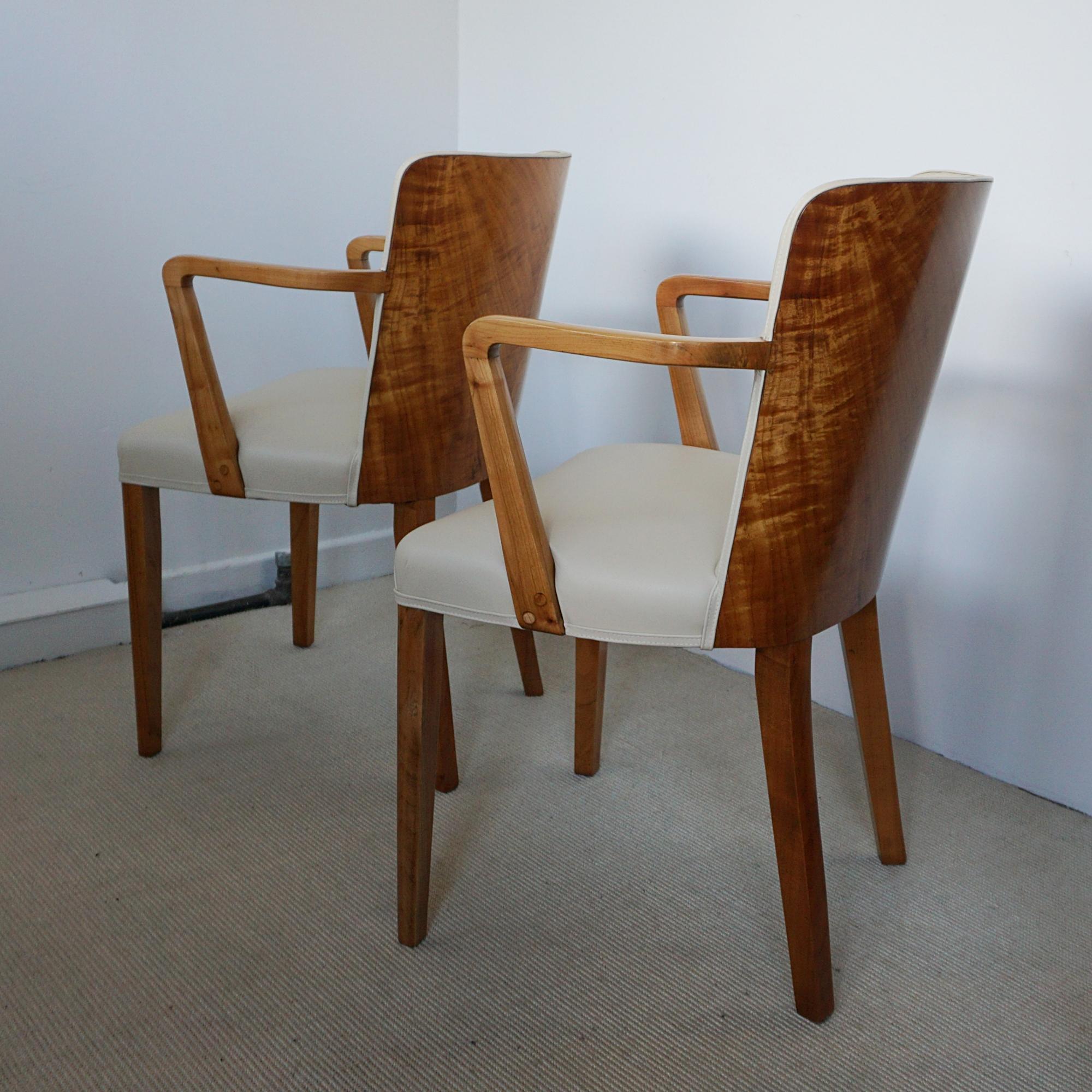 Early 20th Century A Pair of Art Deco Armchairs by Heal's of London Satinwood and Cream Leather