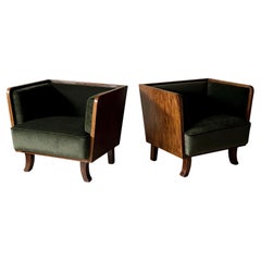 A Pair of Art Deco Armchairs in Oak and Olive Green Velvet, Norway 1930s