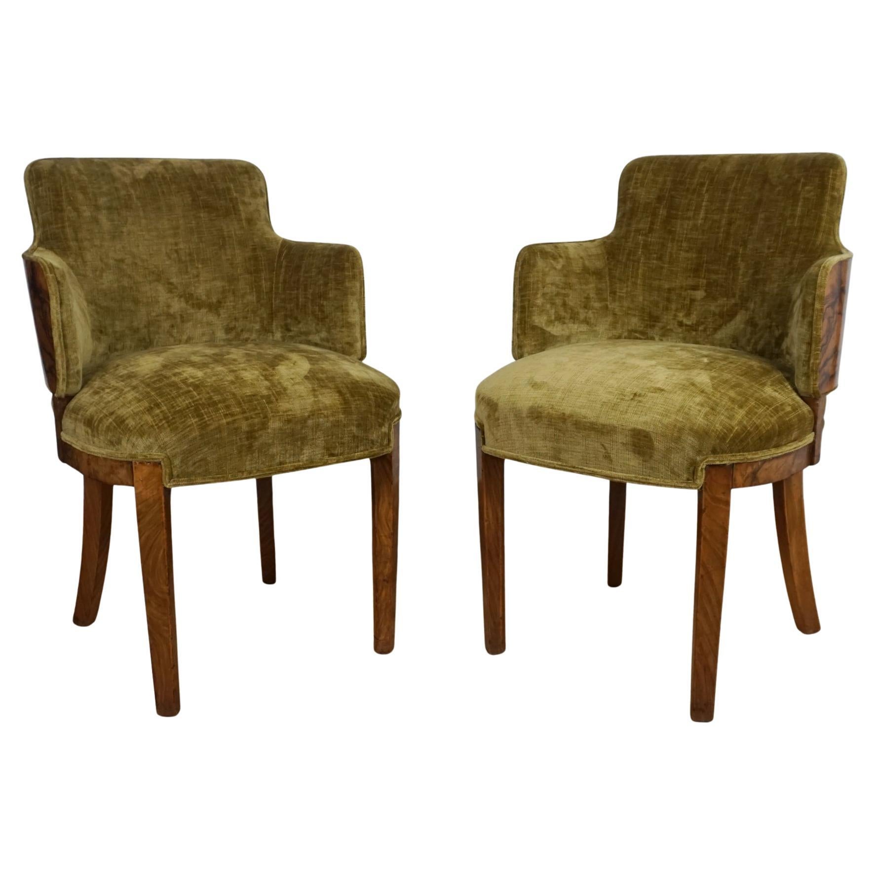 A Pair of Art Deco Armchairs with Burr Walnut Wraparound Veneers For Sale