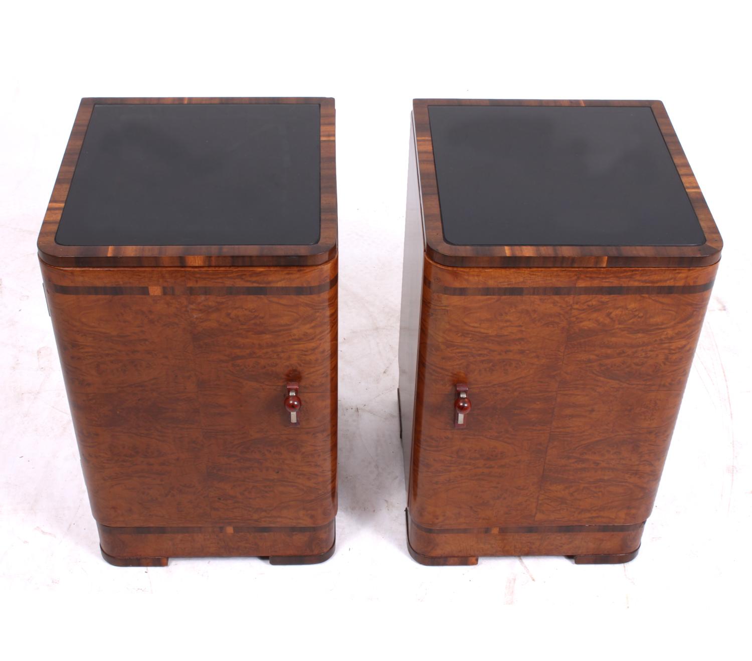 British Pair of Art Deco Bedside Cabinets in Burr Maple