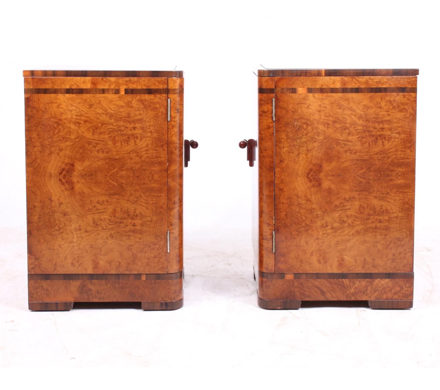 Pair of Art Deco Bedside Cabinets in Burr Maple 1