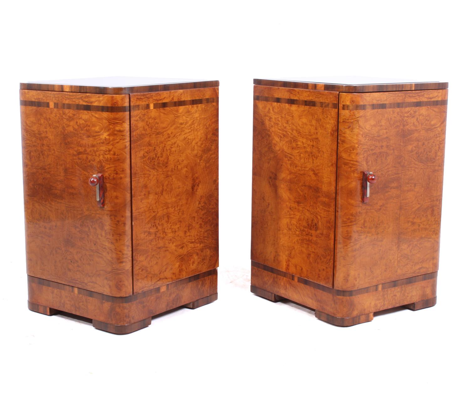 Pair of Art Deco Bedside Cabinets in Burr Maple 2