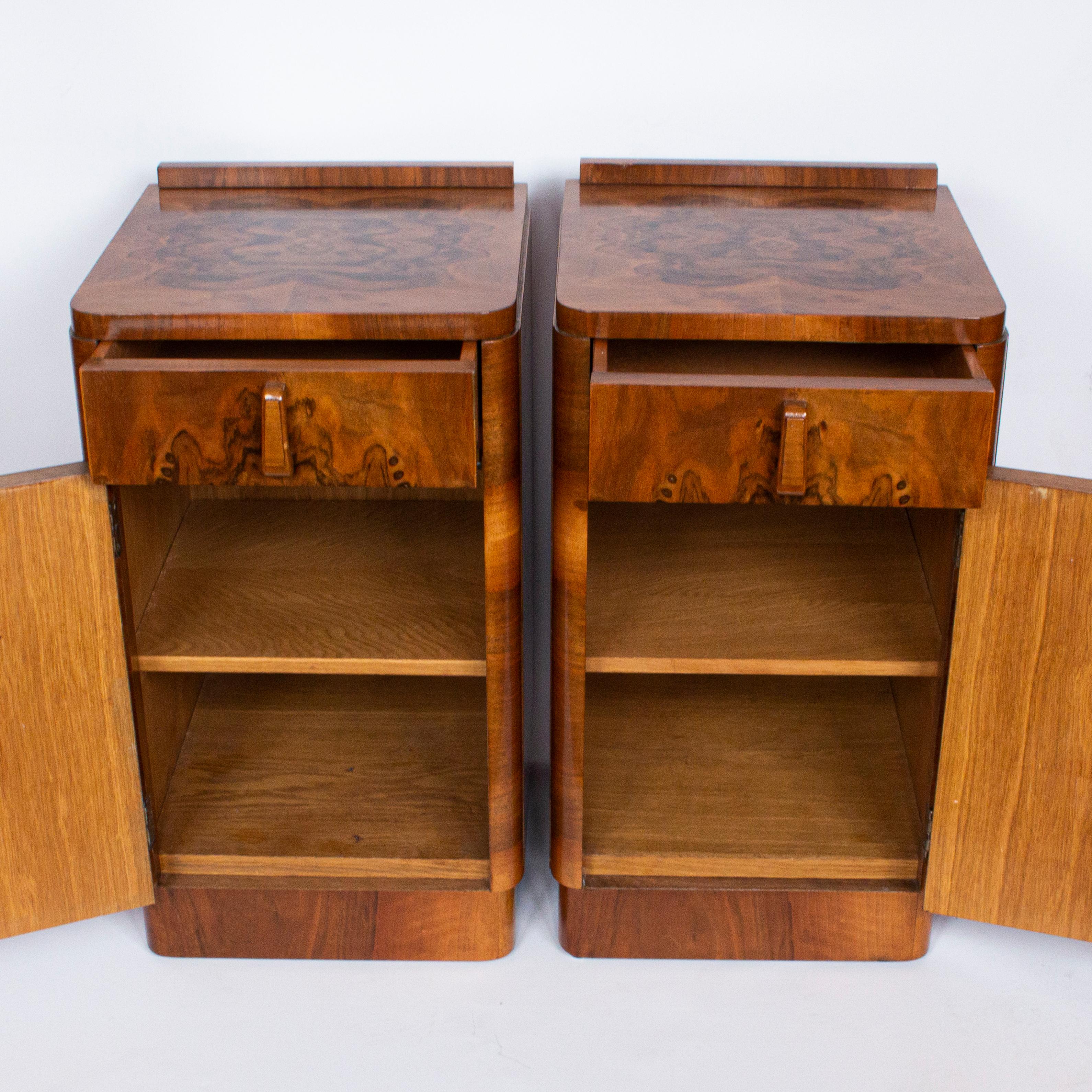 Pair of Art Deco Bedside Cabinets in Figured and Burr Walnut, Original Handles 2