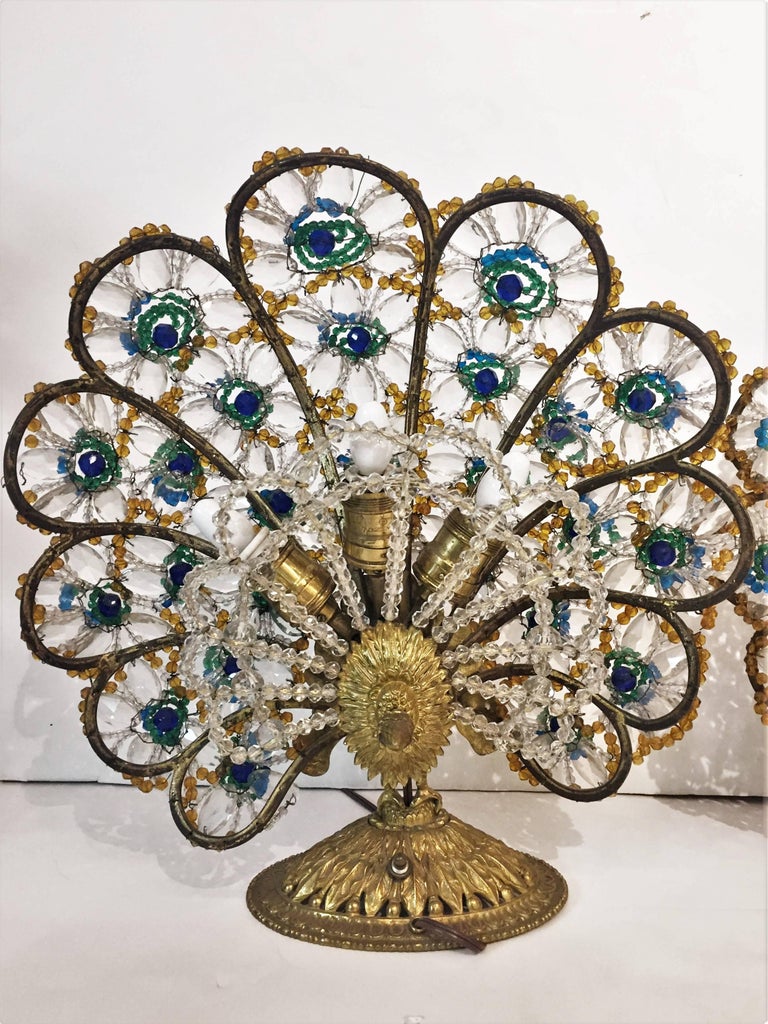 A Pair of Art Deco Bronze and Bohemian Crystal Peacock Nightstand Lamps