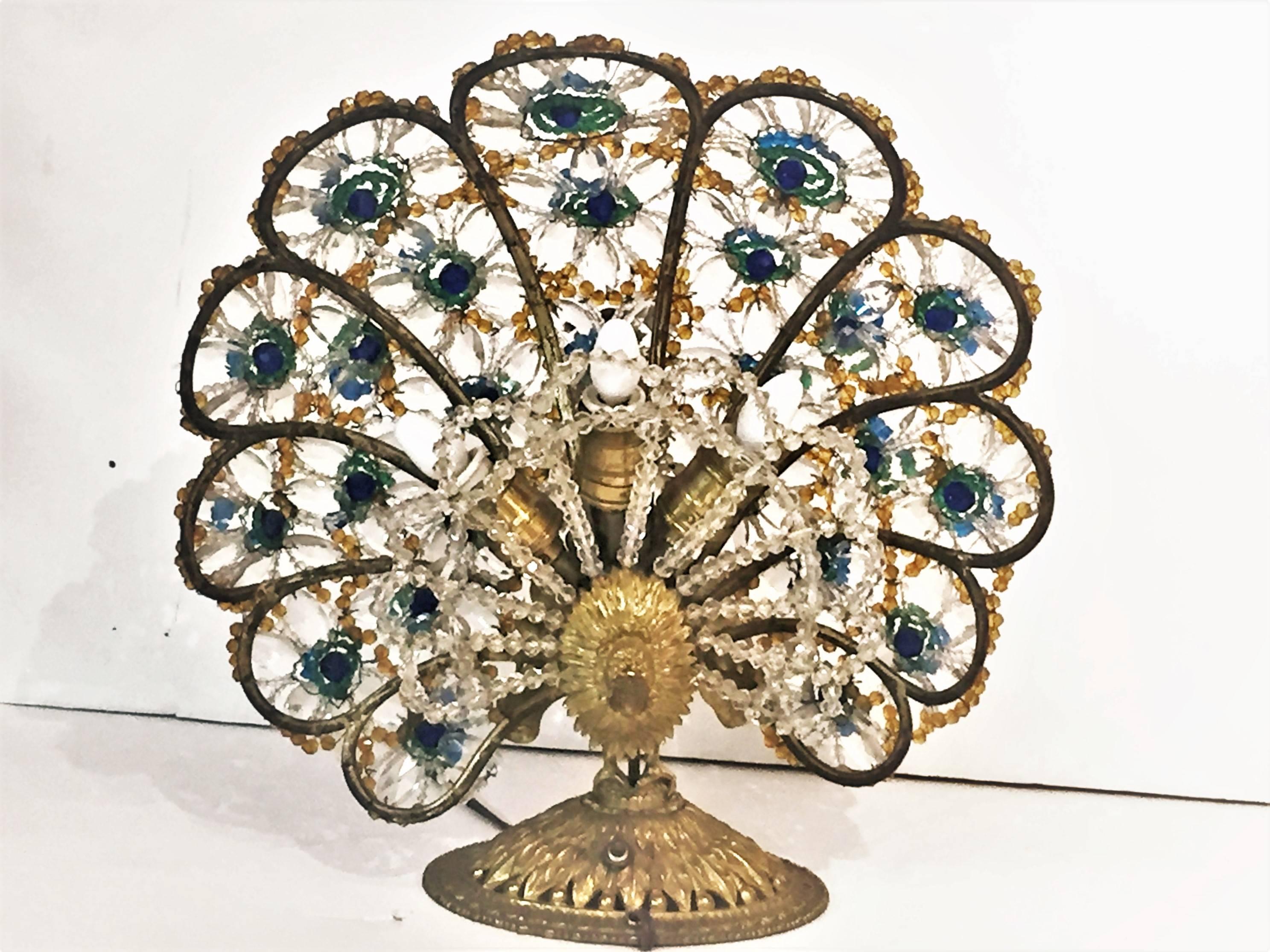 Beaded A Pair of Art Deco Bronze & Bohemian Crystal Peacock Nightstand Lamps, Ca. 1920s