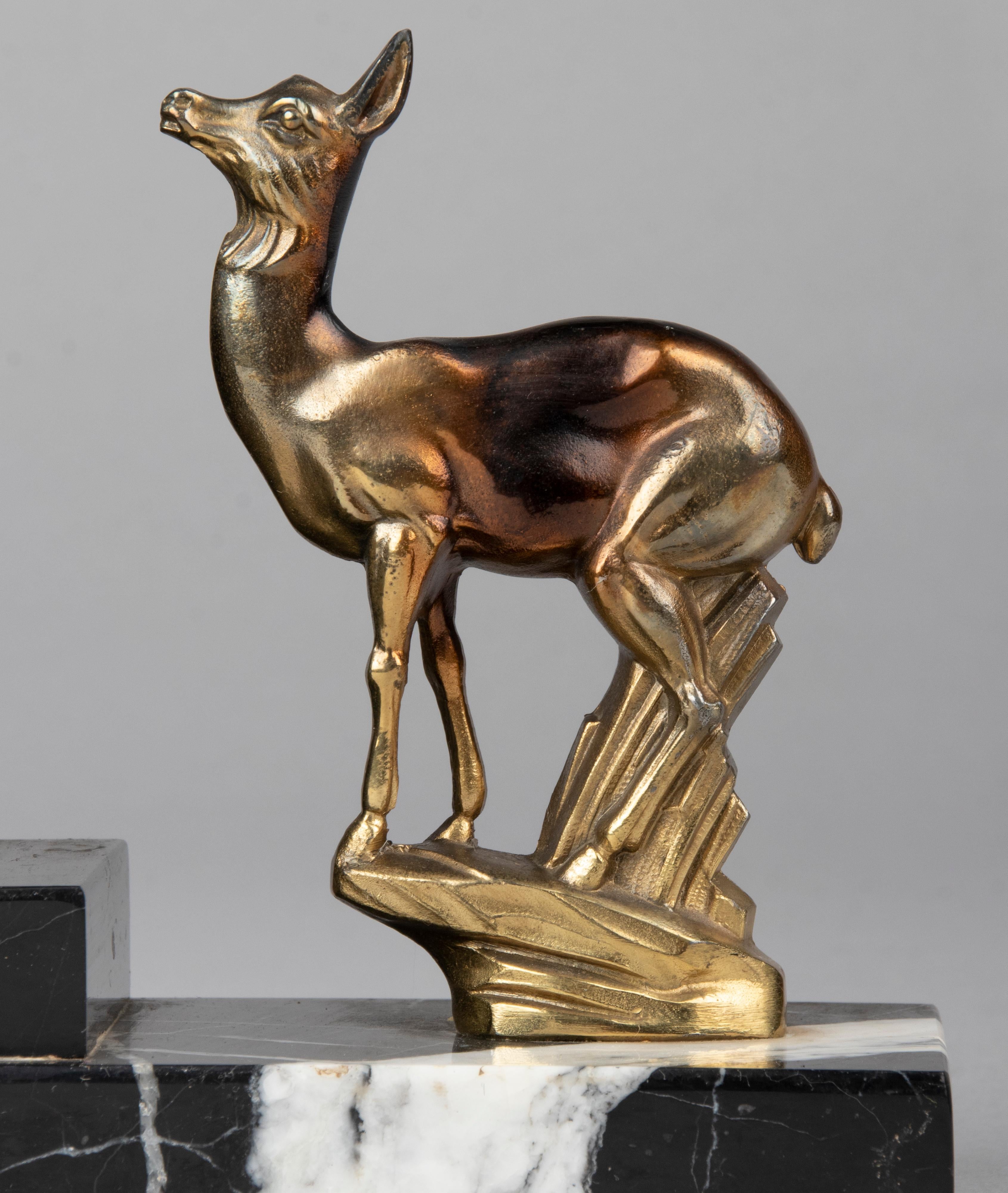 Mid-20th Century Pair of Art Deco Book-Ends with Deers Signed TEDD, Spelter and Marble For Sale