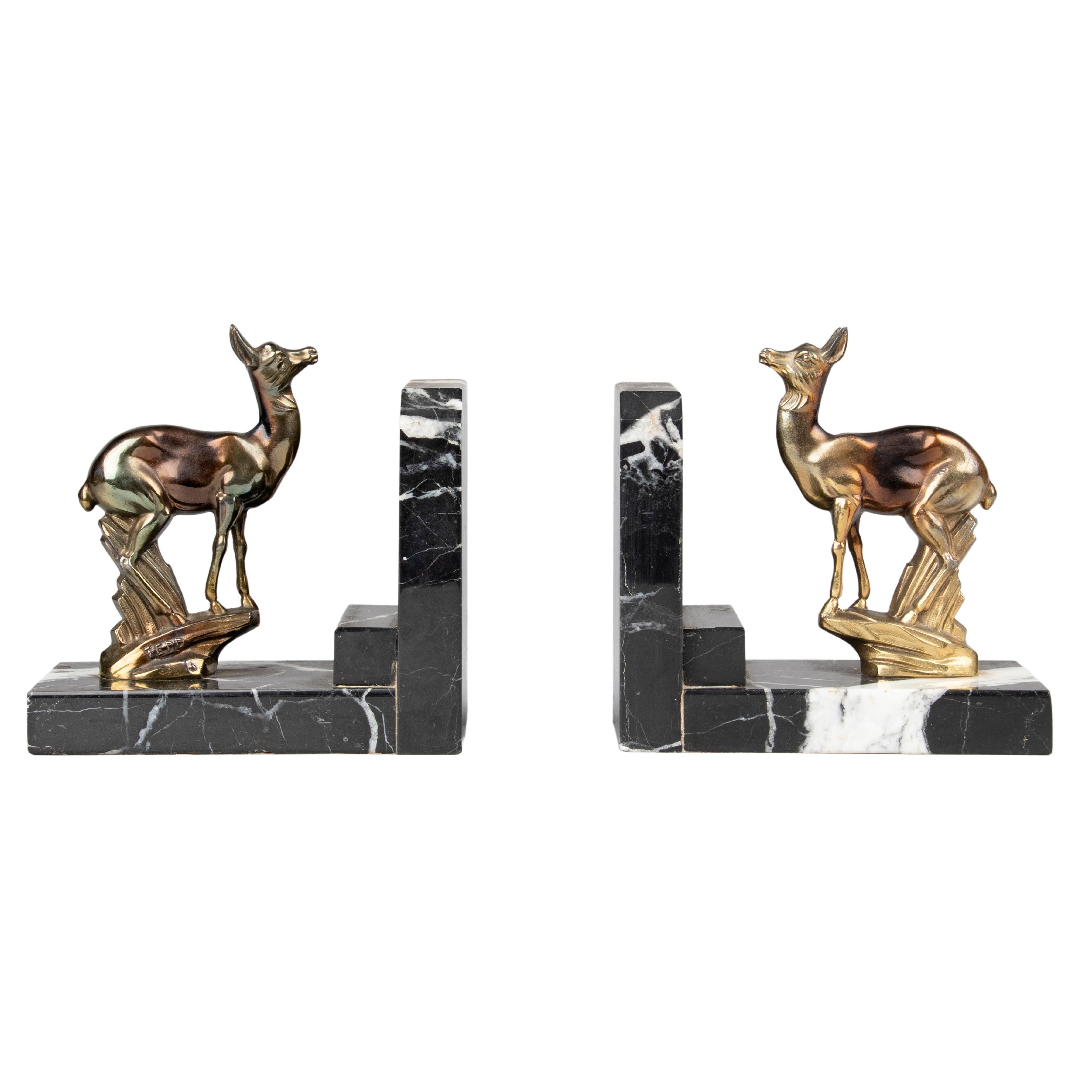 Pair of Art Deco Book-Ends with Deers Signed TEDD, Spelter and Marble For Sale