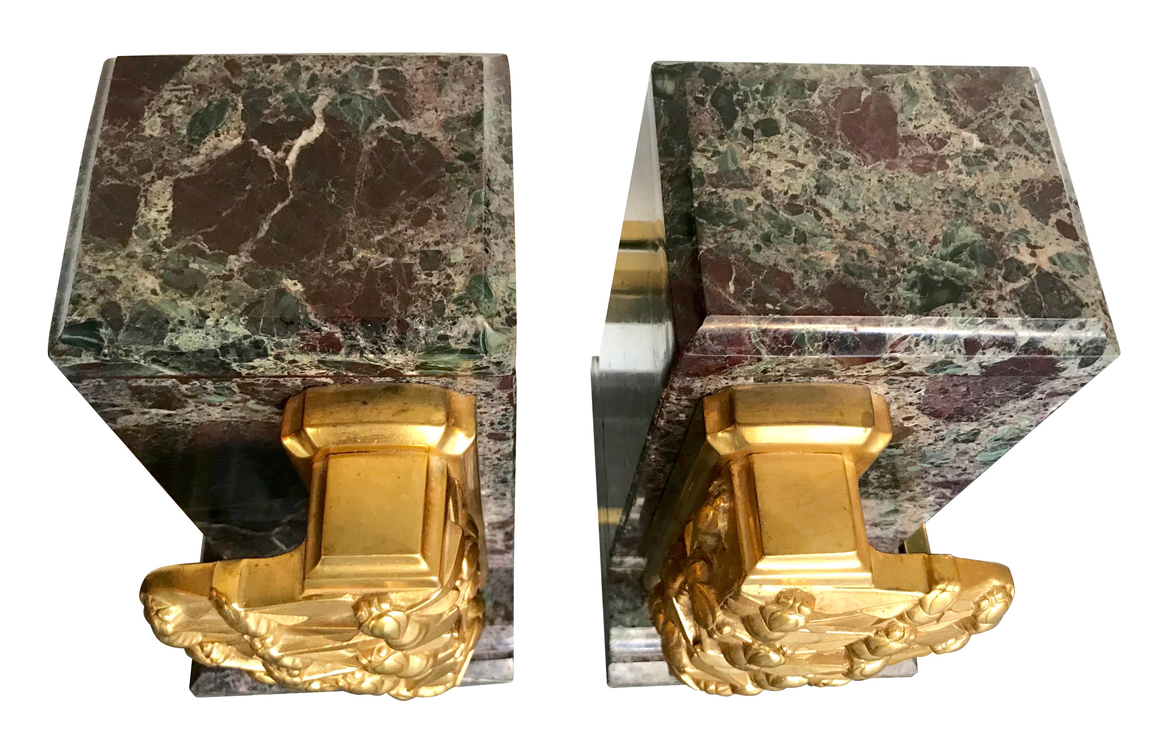 A pair of Art Deco bookends of amazonite marble and cast gilt metal bees 6