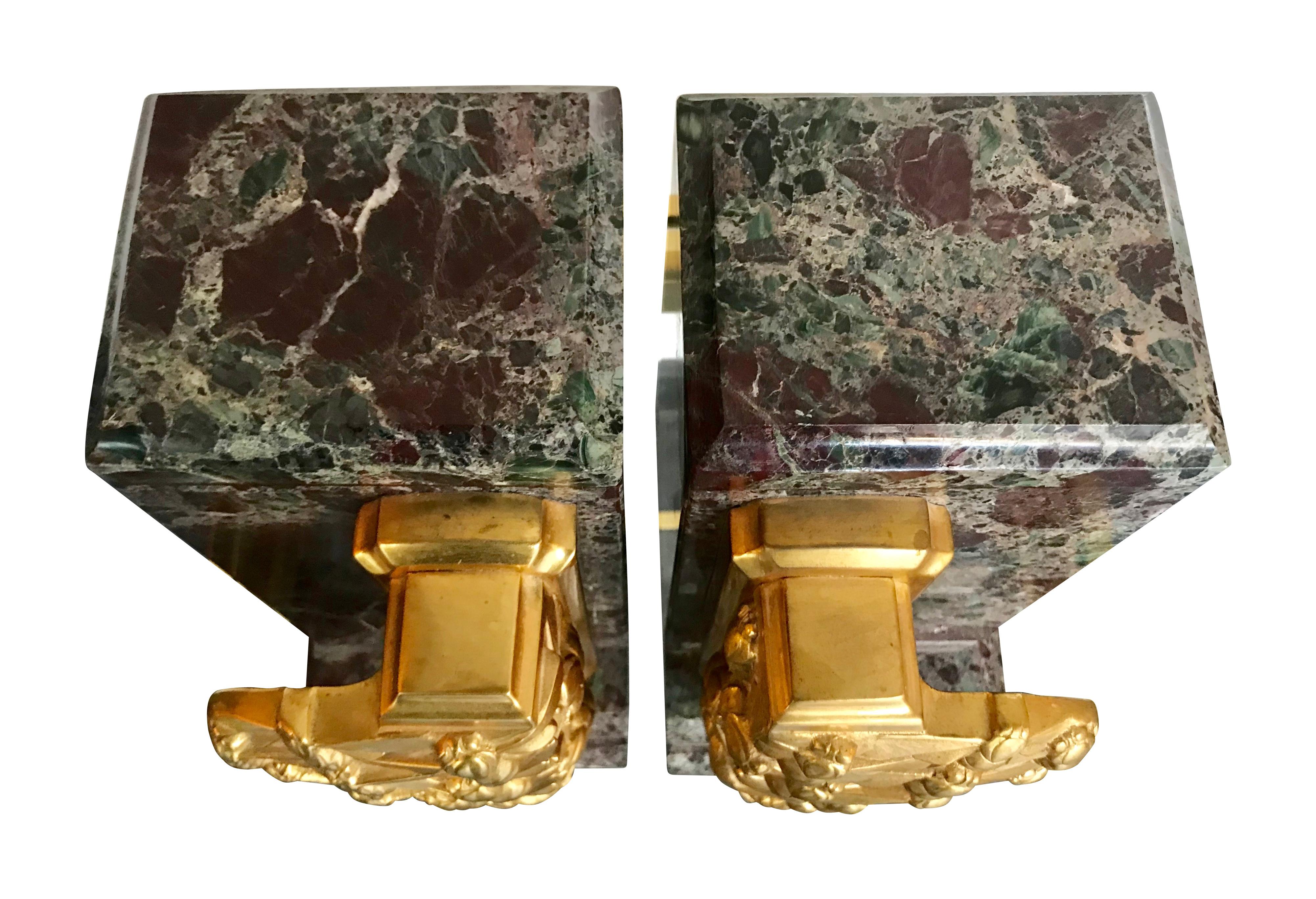 French A pair of Art Deco bookends of amazonite marble and cast gilt metal bees