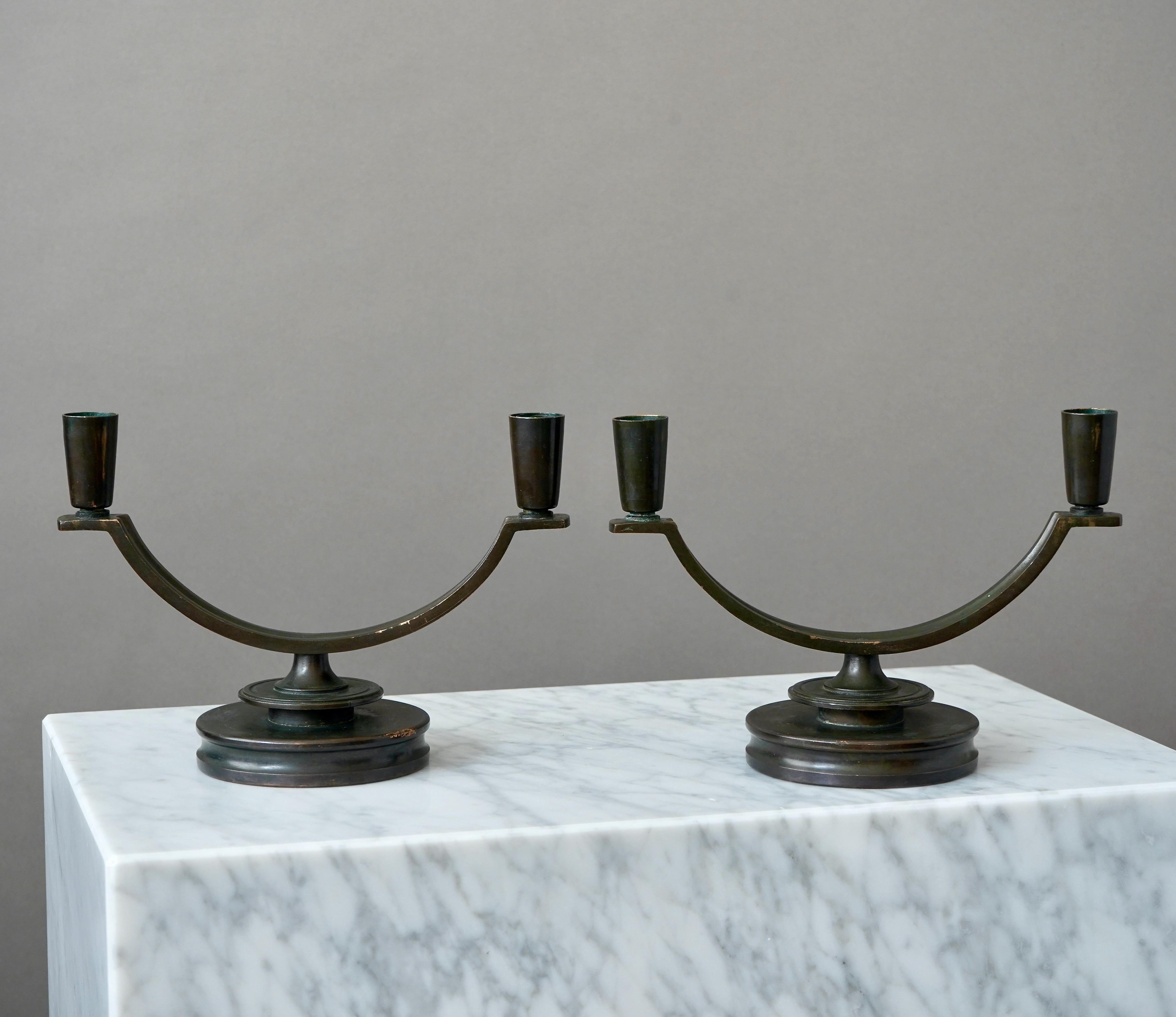 Mid-20th Century A pair of Art Deco Bronze Candelabras by Nordiska Juvelaktiebolaget Sweden 1930s