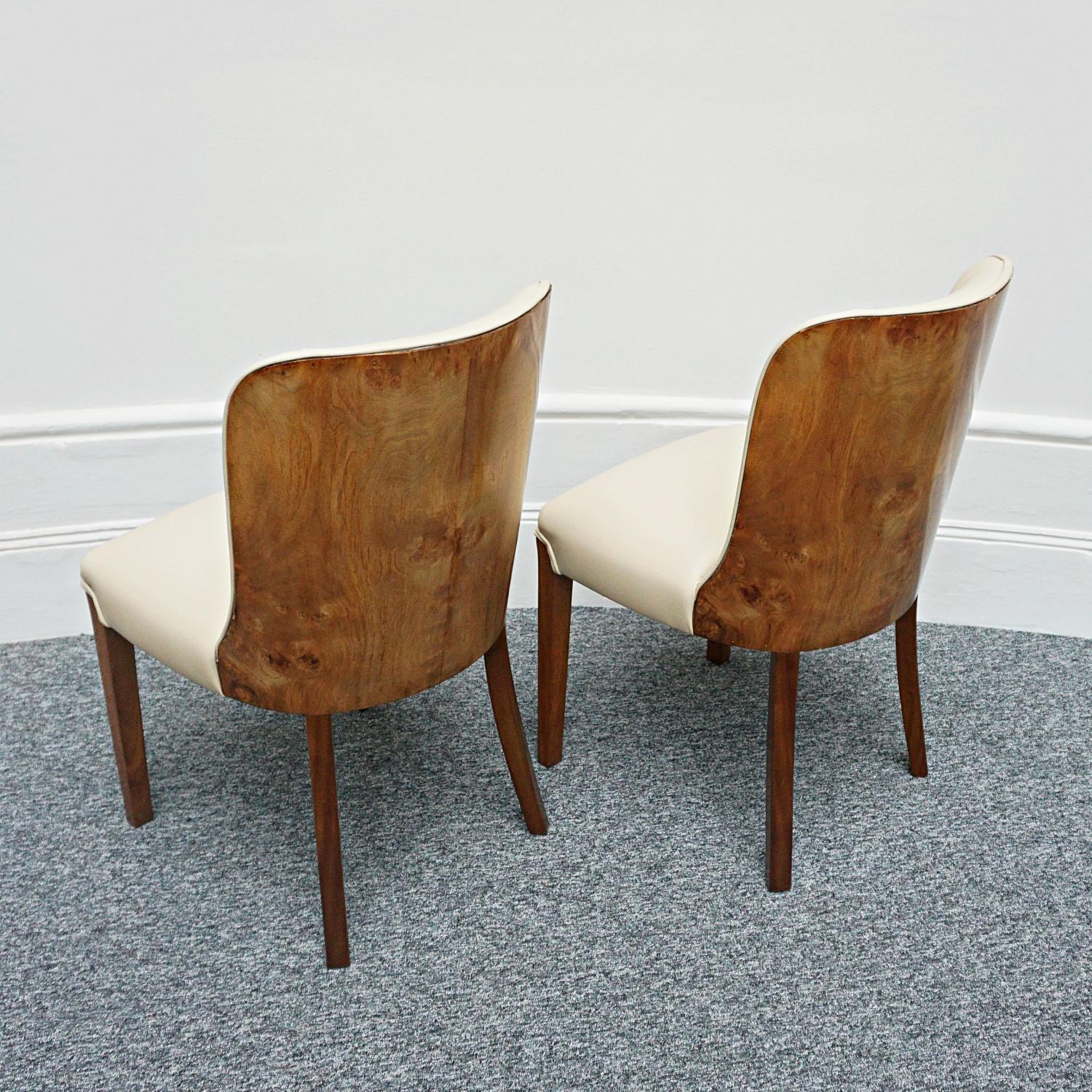 Pair of Art Deco Burr Walnut and Cream Leather Side Chairs circa 1930 5