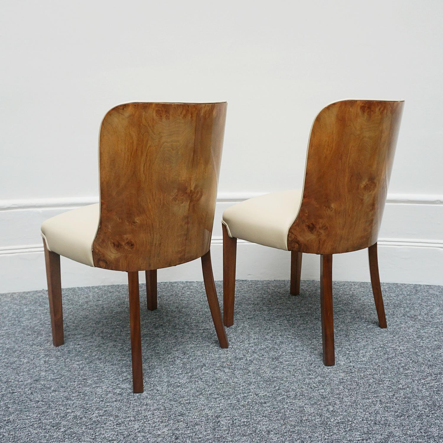 Pair of Art Deco Burr Walnut and Cream Leather Side Chairs circa 1930 6