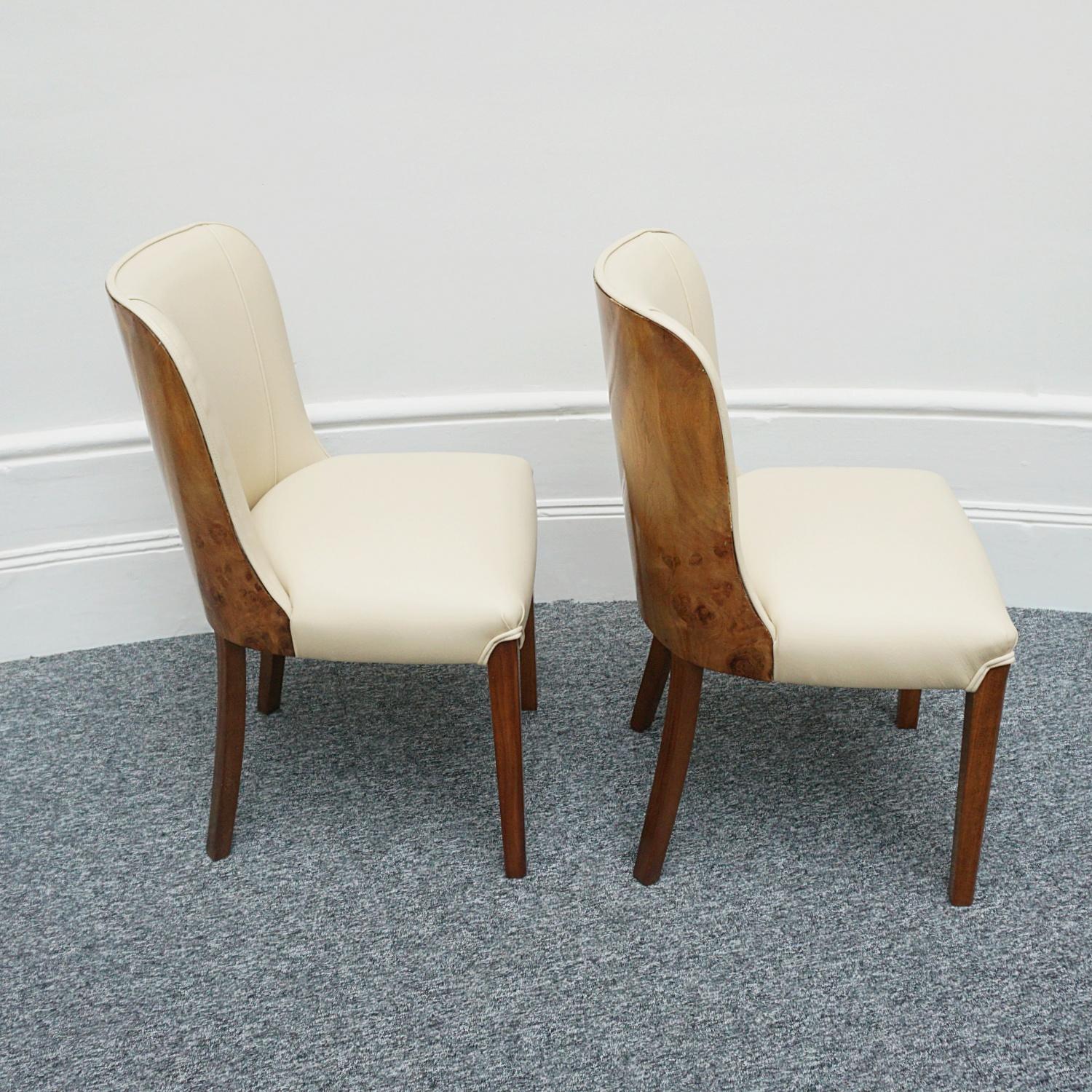 Pair of Art Deco Burr Walnut and Cream Leather Side Chairs circa 1930 9