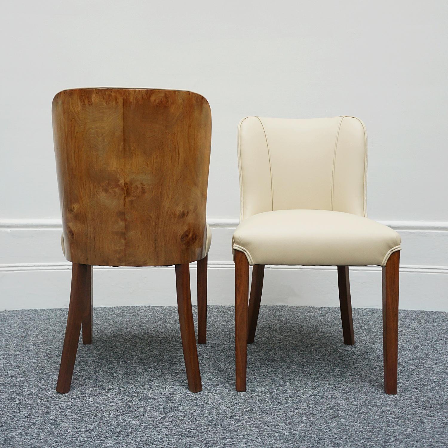 Pair of Art Deco Burr Walnut and Cream Leather Side Chairs circa 1930 10