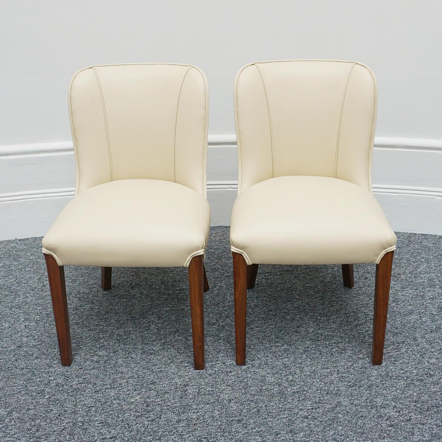 Pair of Art Deco Burr Walnut and Cream Leather Side Chairs circa 1930 13