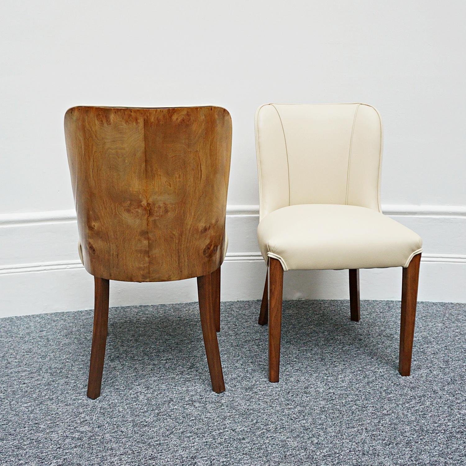 English Pair of Art Deco Burr Walnut and Cream Leather Side Chairs circa 1930