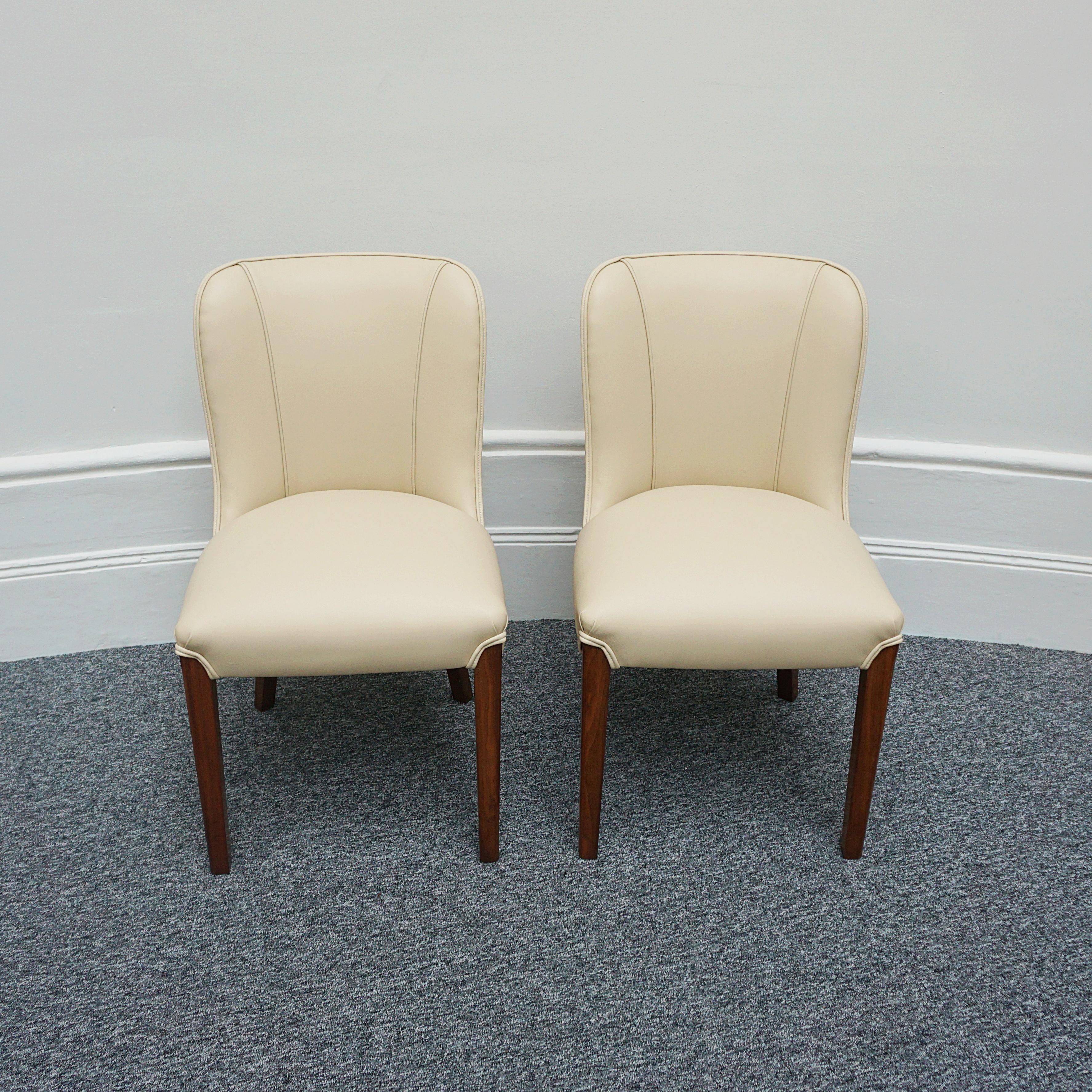 Mid-20th Century Pair of Art Deco Burr Walnut and Cream Leather Side Chairs circa 1930