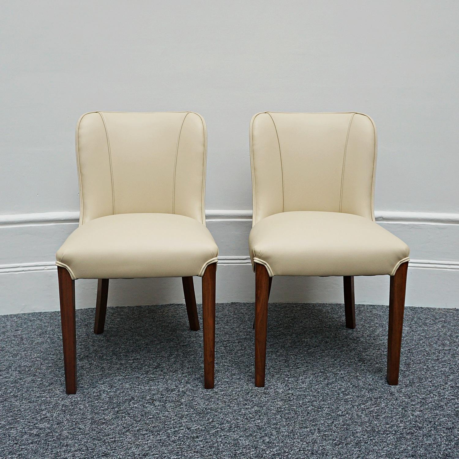 Pair of Art Deco Burr Walnut and Cream Leather Side Chairs circa 1930 1