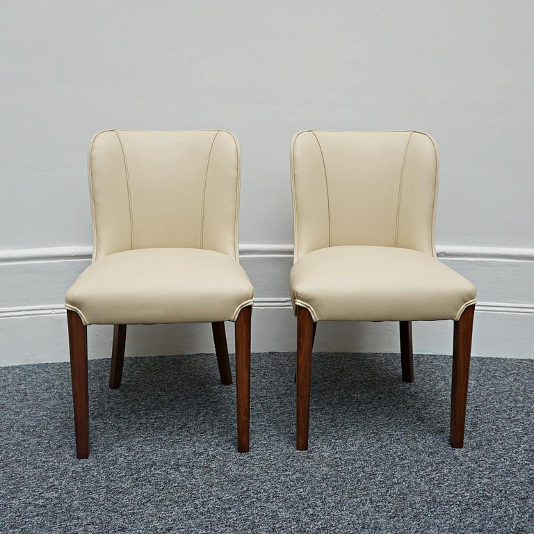 Pair of Art Deco Burr Walnut and Cream Leather Side Chairs circa 1930 For Sale 1