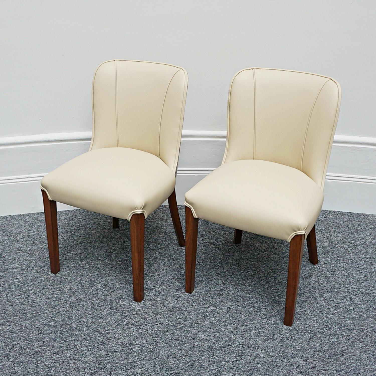Pair of Art Deco Burr Walnut and Cream Leather Side Chairs circa 1930 2